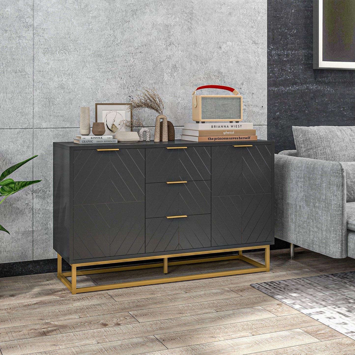 Sideboard for Living Room, Modern Storage Cabinet with 3 Drawers and Adjustable Shelves, Freestanding Cupboard for Dining Room, Kitchen, Black