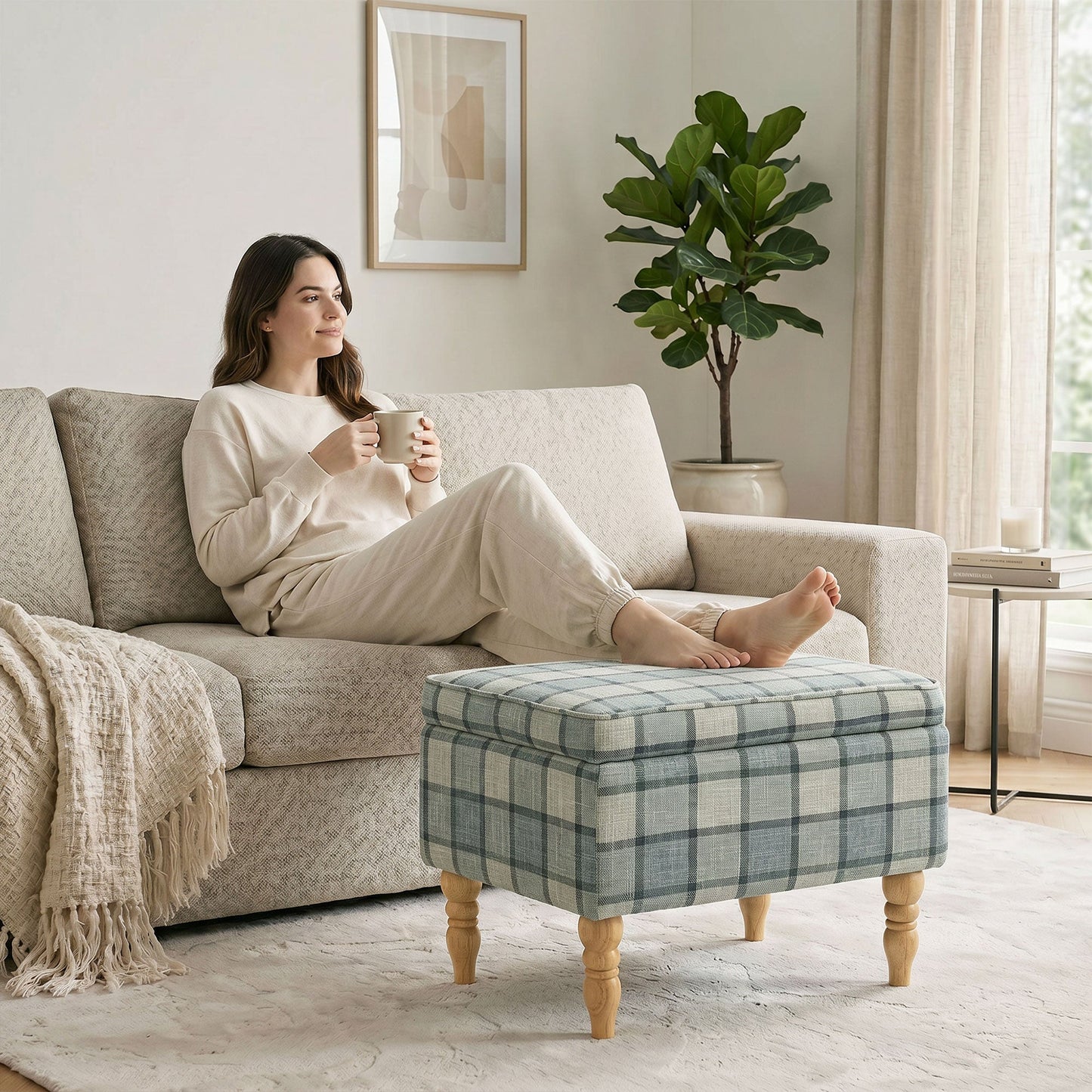 Rectangular Storage Stool, Linen-Look Fabric Upholstered Footstool with Removable Top, Padded Seat and Hidden Space for Living Room, Bedroom, Grey