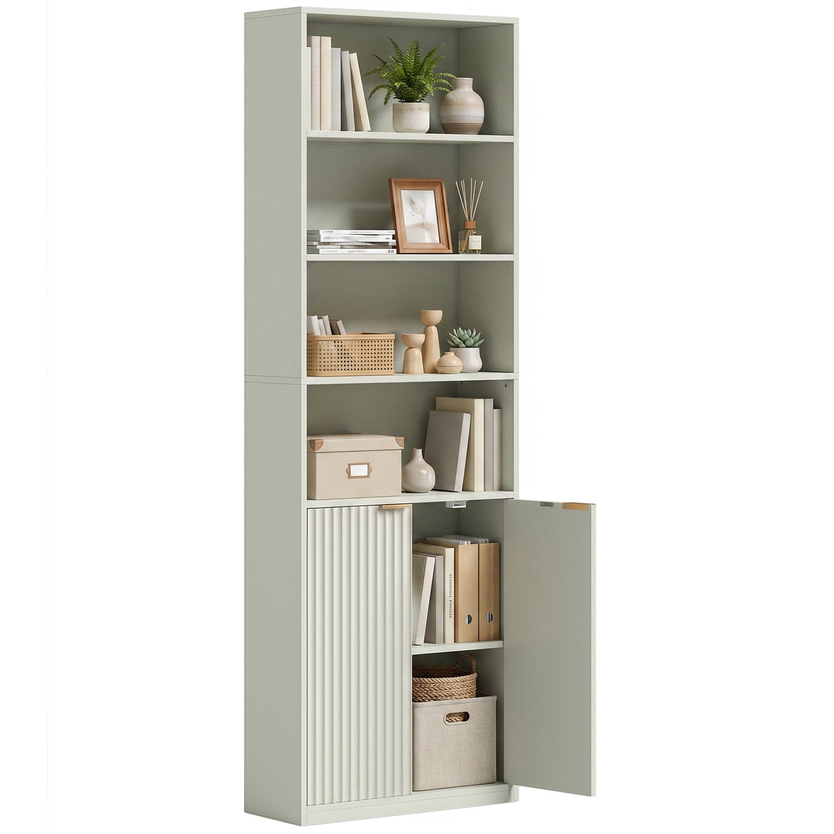 Slim Bookcase, 6-Tier Tall Bookshelf, Freestanding Shelving Unit with Cabinet, Adjustable Shelf, 60 x 24 x 182 cm for Living Room, Study, Home Office, Light Green