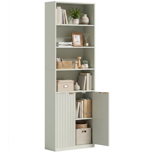 Slim Bookcase, 6-Tier Tall Bookshelf, Freestanding Shelving Unit with Cabinet, Adjustable Shelf, 60 x 24 x 182 cm for Living Room, Study, Home Office, Light Green