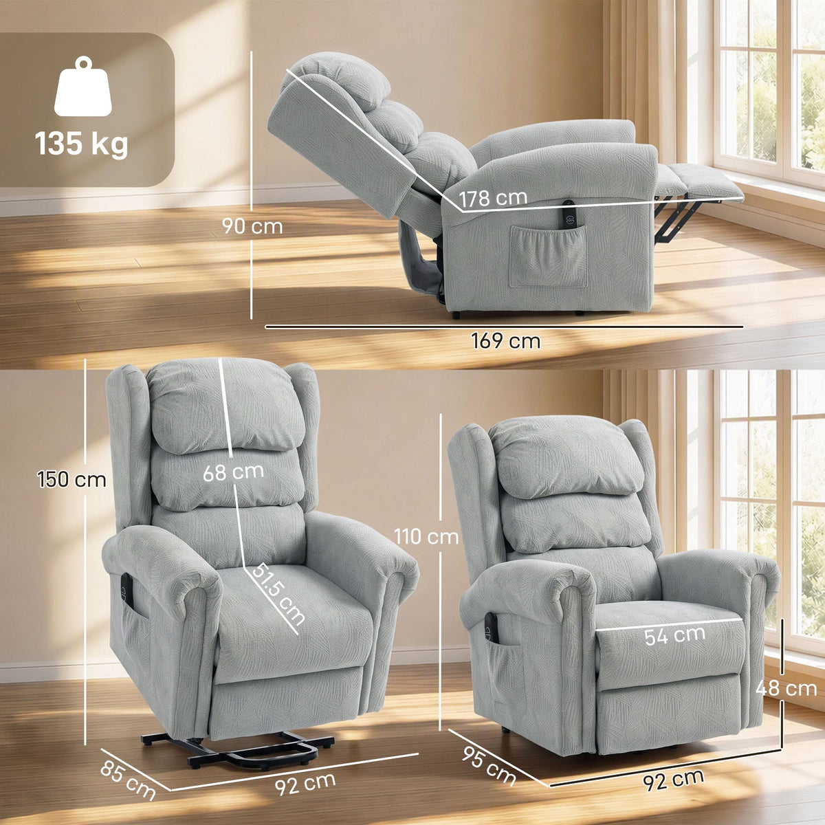 Riser Recliner Chair for Elderly, Velvet Electric Power Lift Chair with Layered Padded Backrest, Spring Cushion, Wide Seat, USB Port, Remote, Side Pockets, Lift Armchair for Living Room, Grey