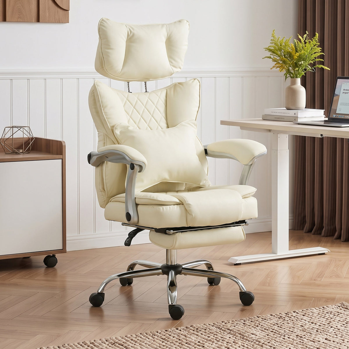 Executive Office Chair, 180kg Big and Tall PU Leather Desk Chair with Adjustable Headrest, Lumbar Support, Wide Seat, Reclining Back, Footrest, Swivel Wheels, Beige