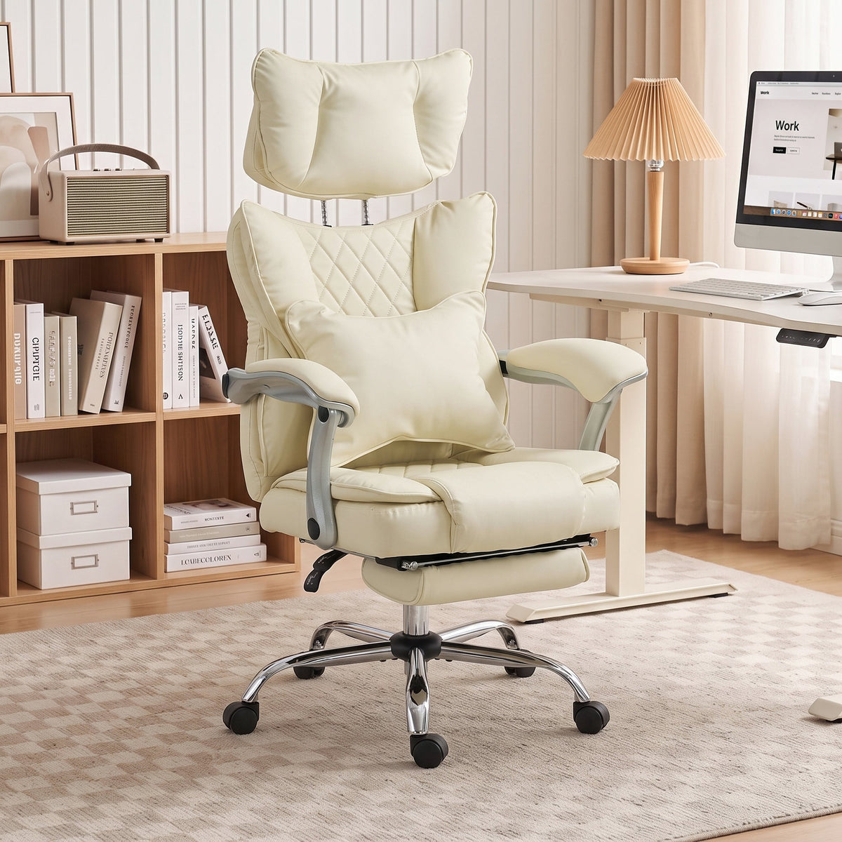 Executive Office Chair, 180kg Big and Tall PU Leather Desk Chair with Adjustable Headrest, Lumbar Support, Wide Seat, Reclining Back, Footrest, Swivel Wheels, Beige