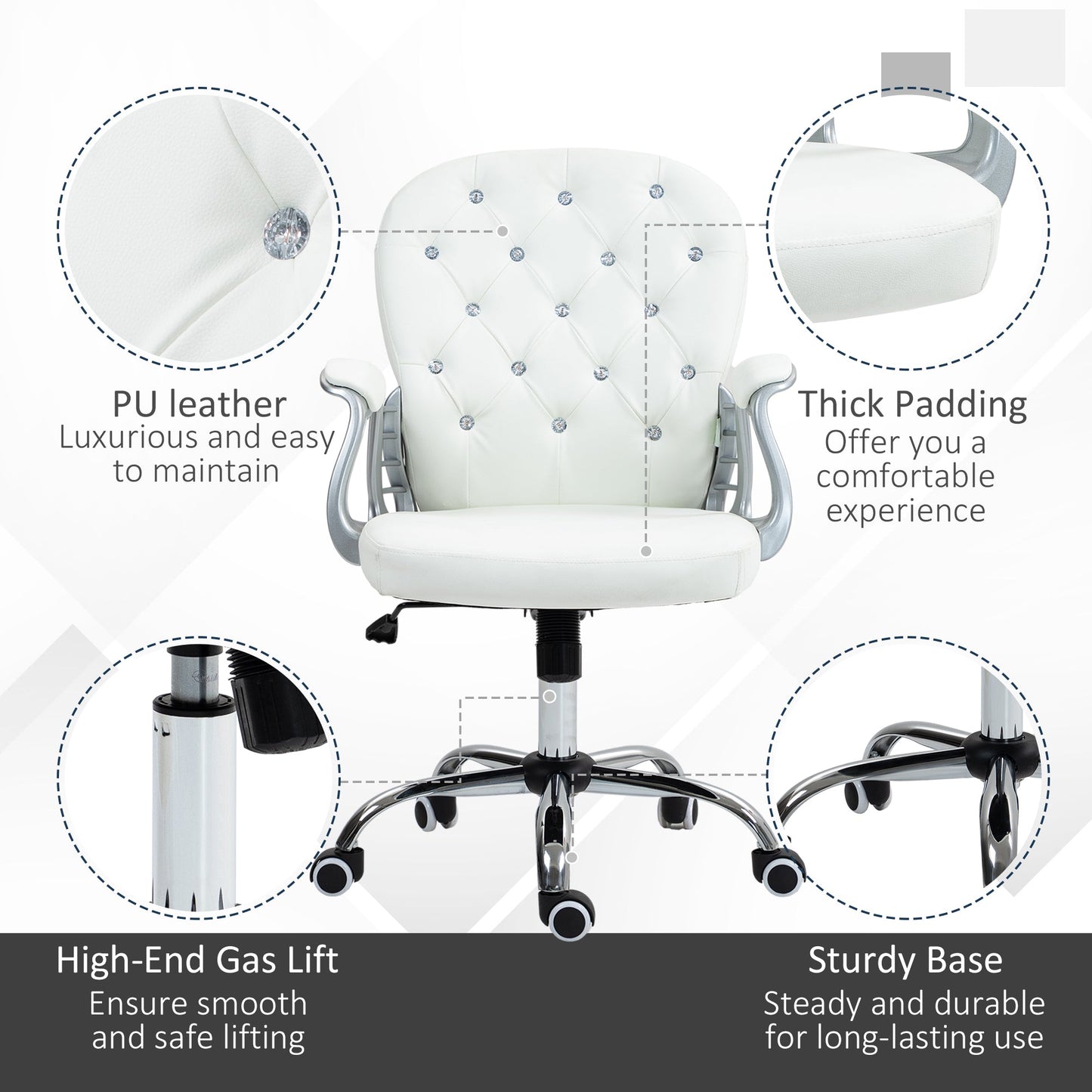 Vinsetto Office Chair, Swivel Desk Chair, PU Vanity Chair with Adjustable Height and Rolling Wheels for Home Work Study, White