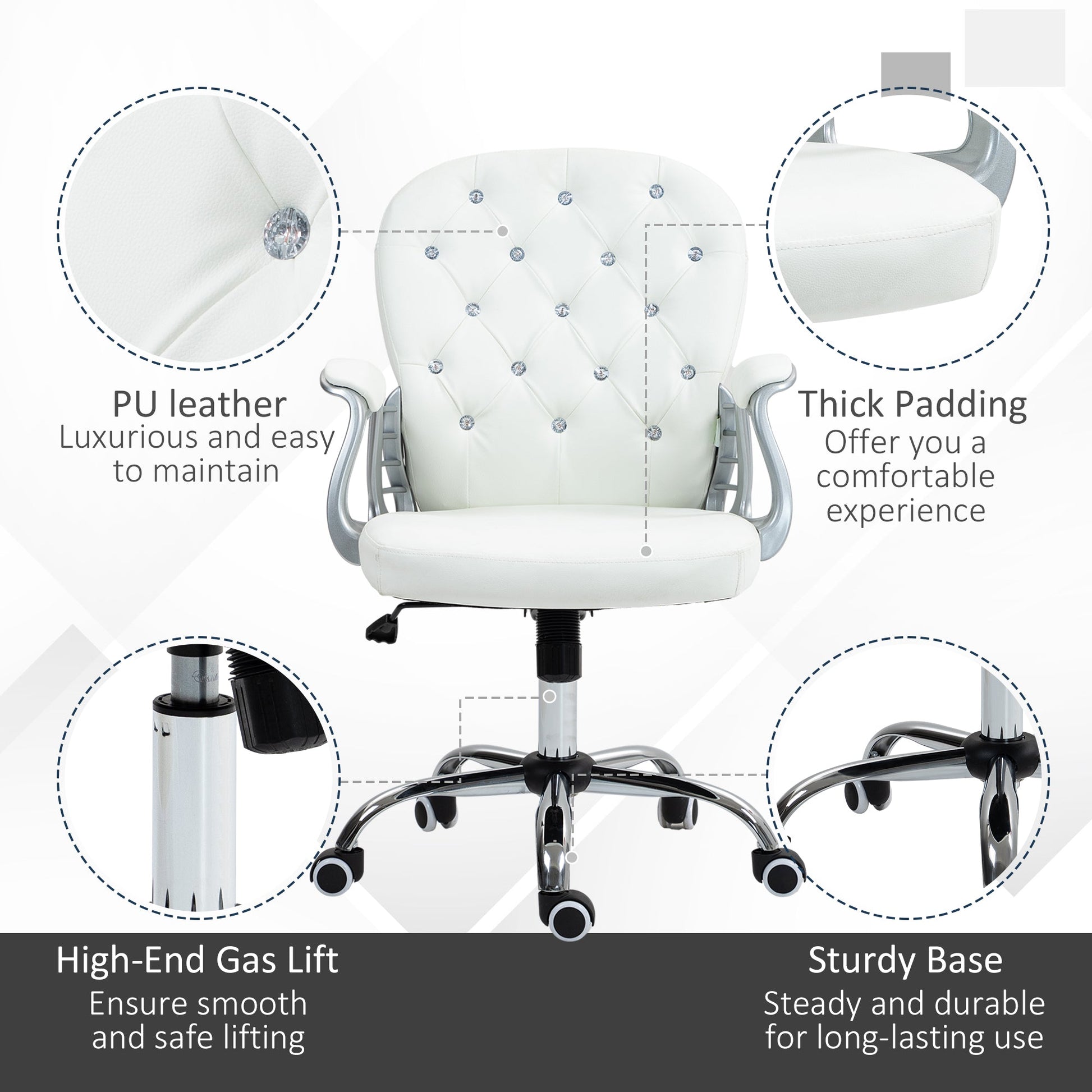 Vinsetto Office Chair, Swivel Desk Chair, PU Vanity Chair with Adjustable Height and Rolling Wheels for Home Work Study, White