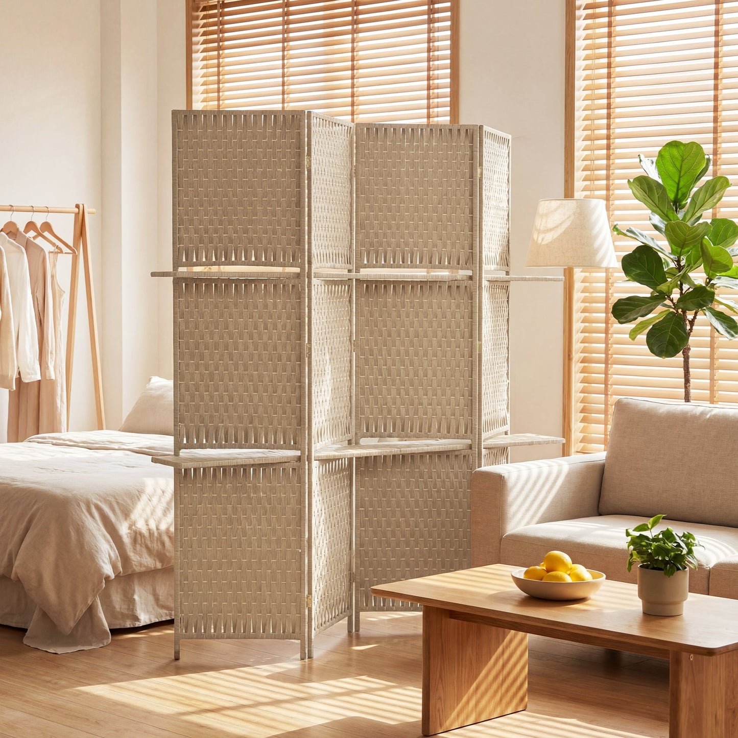 4-Panel Room Divider with Shelves, Wave Fibre Freestanding Folding Privacy Screen Panels, Partition Wall Divider for Indoor Bedroom Office, 180 cm, Natural Wood Finish
