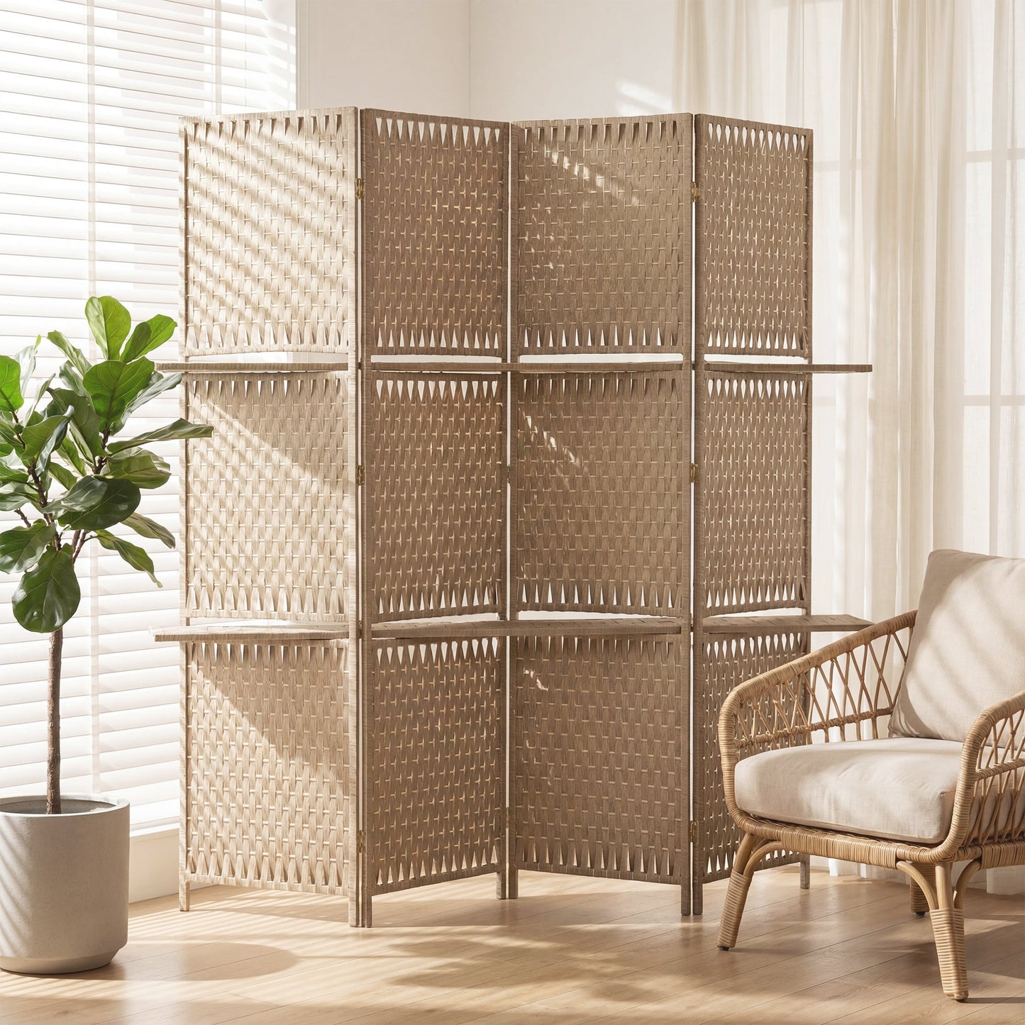 4-Panel Room Divider with Shelves, Wave Fibre Freestanding Folding Privacy Screen Panels, Partition Wall Divider for Indoor Bedroom Office, 180 cm, Natural Wood Finish