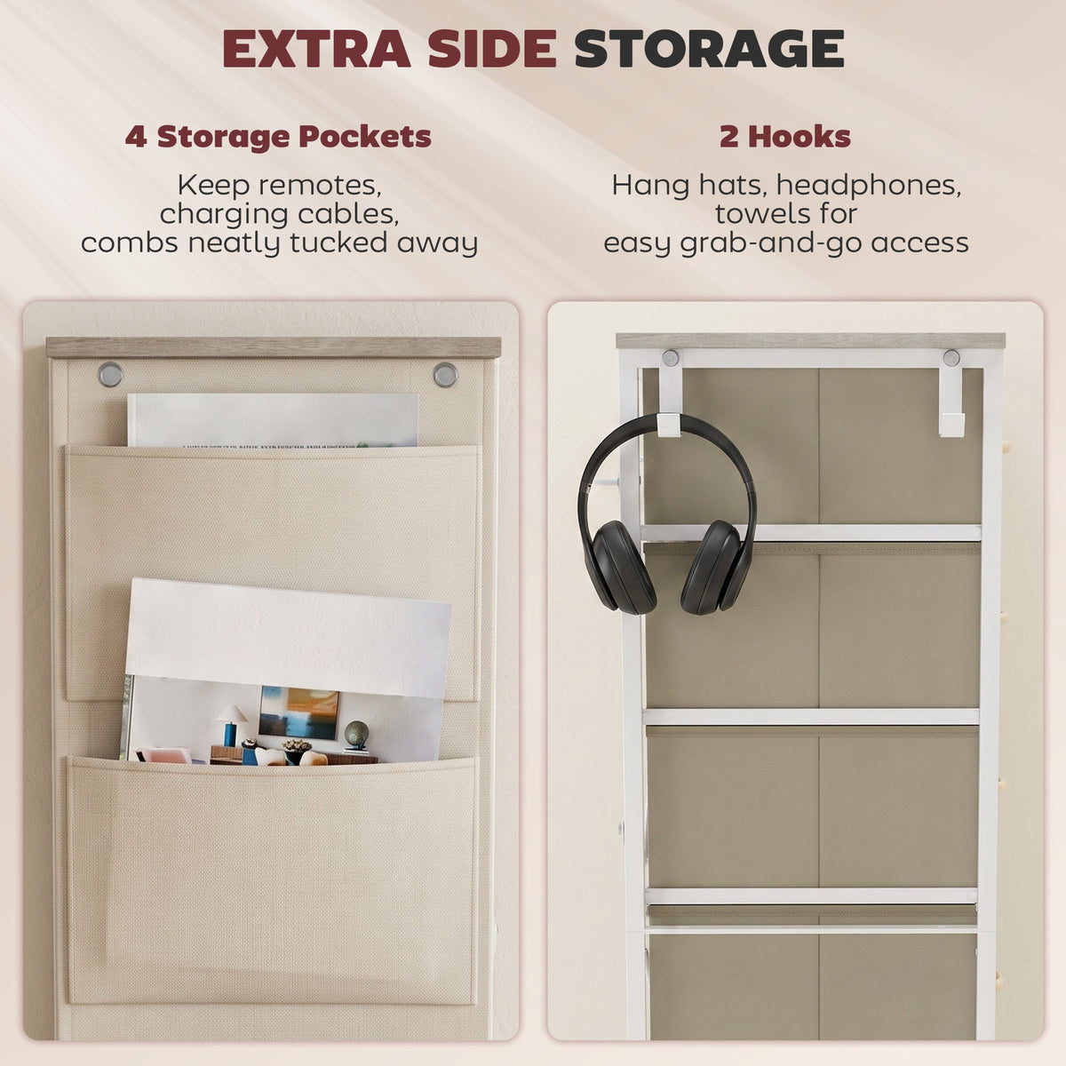 Chest of Drawers, Dresser for Bedroom with 4 Fabric Drawers, Tall Storage Unit with 4 Pockets, 2 Hooks and Steel Frame for Living Room, Hallway, Natural Wood Finish