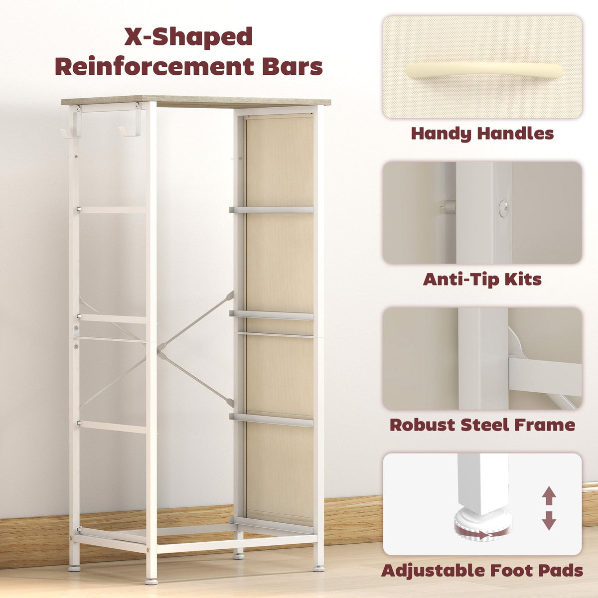 Chest of Drawers, Dresser for Bedroom with 4 Fabric Drawers, Tall Storage Unit with 4 Pockets, 2 Hooks and Steel Frame for Living Room, Hallway, Natural Wood Finish