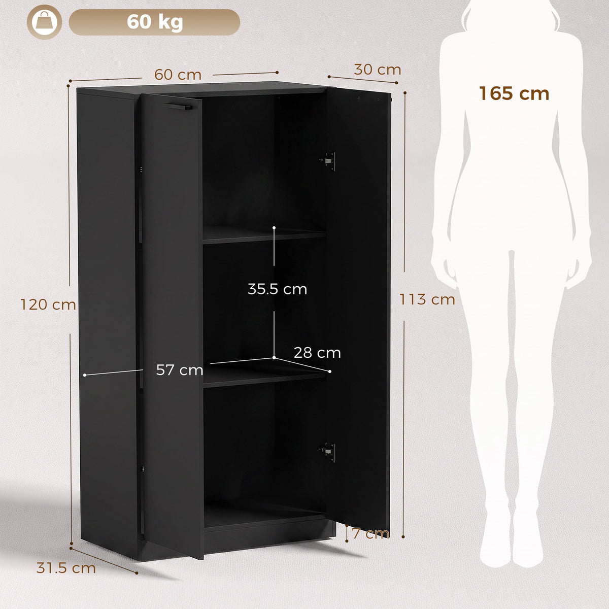 120 cm Tall Storage Cabinet Cupboard, 3-Tier File Organiser Wooden Filing Cabinet, Soft-Close Hinges, for Tool Garage Storage, Home Office, Study, Living Room, Black