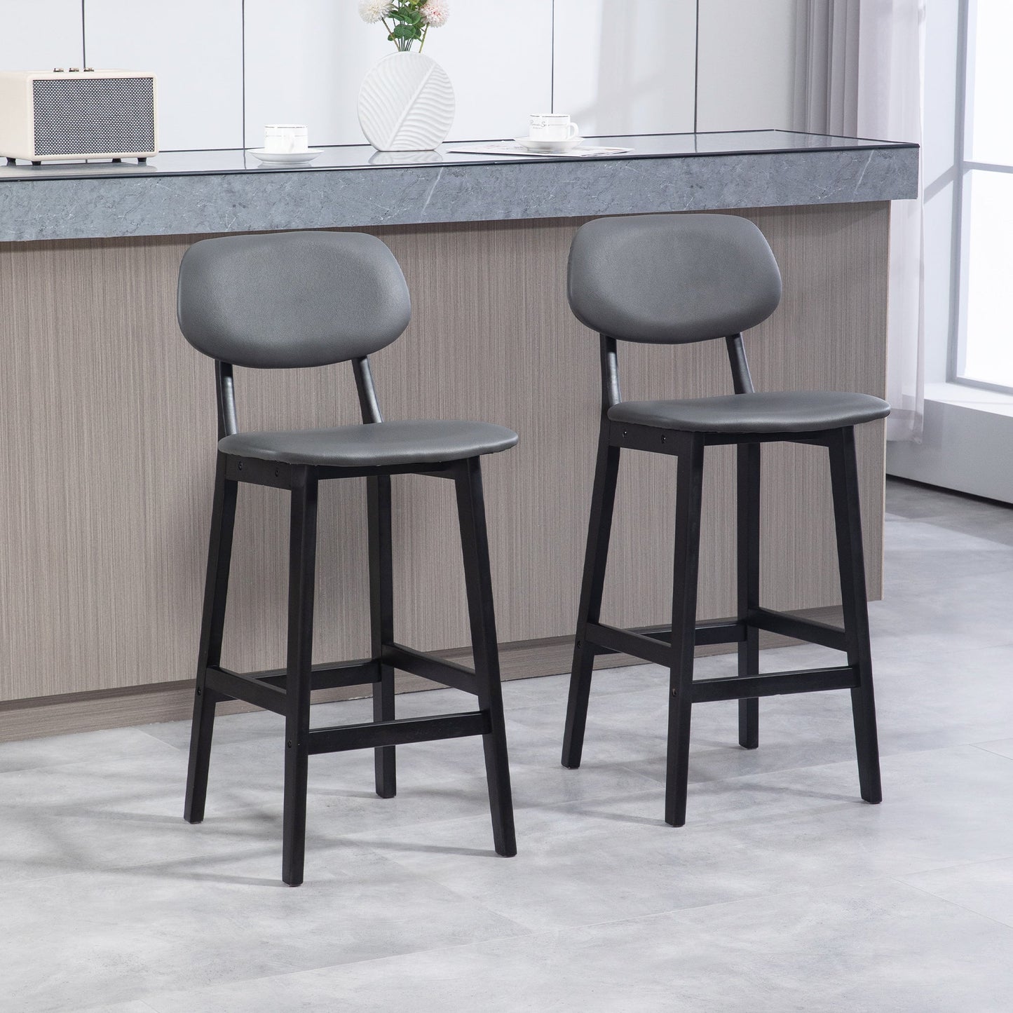 HOMCOM Bar Stools Set of 2, Contemporary Breakfast Bar Chairs, Faux Leather Upholstered Kitchen Stools with Backs and Solid Wood Legs, Dark Grey
