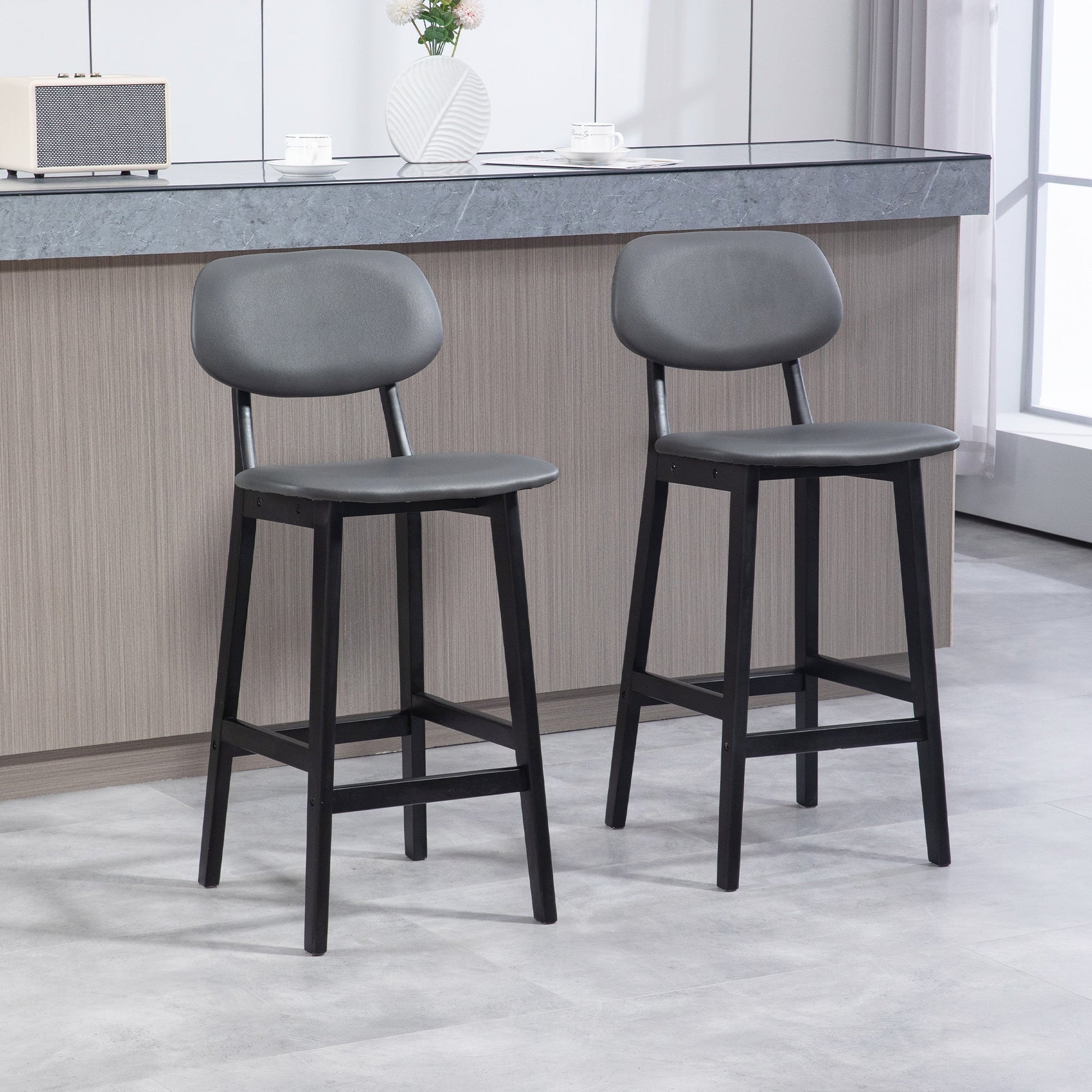 HOMCOM Bar Stools Set of 2, Contemporary Breakfast Bar Chairs, Faux Leather Upholstered Kitchen Stools with Backs and Solid Wood Legs, Dark Grey