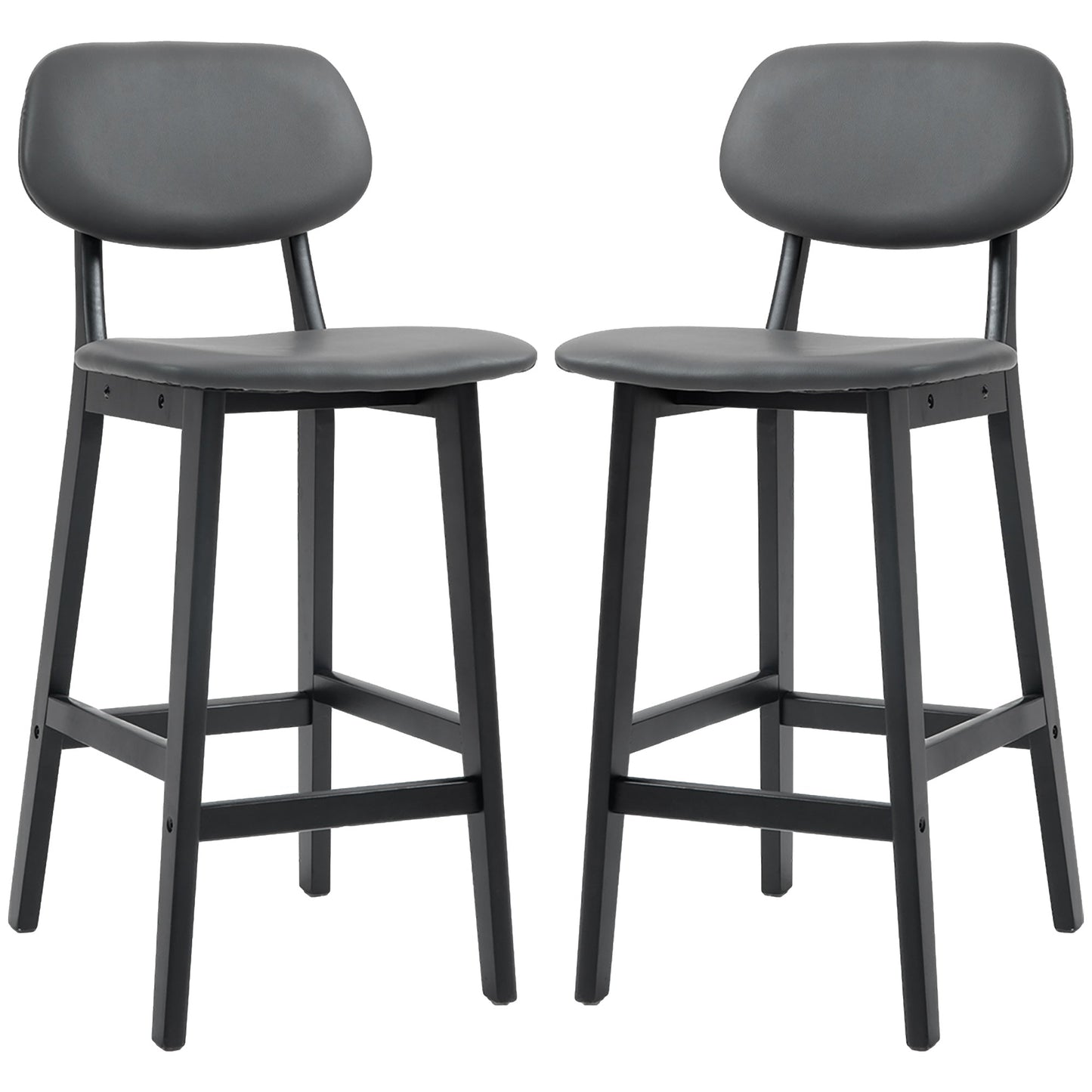 HOMCOM Bar Stools Set of 2, Contemporary Breakfast Bar Chairs, Faux Leather Upholstered Kitchen Stools with Backs and Solid Wood Legs, Dark Grey