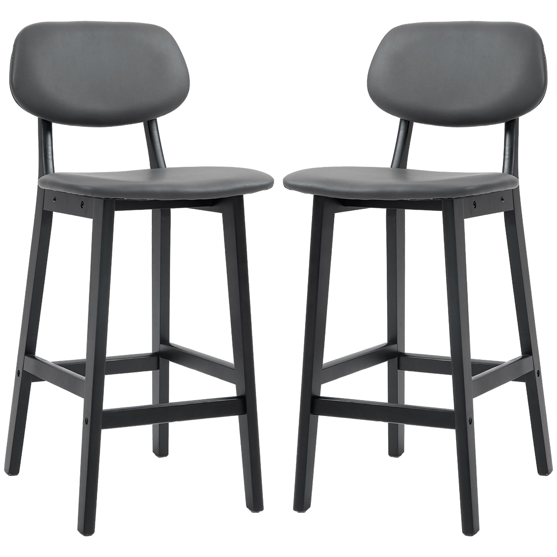 HOMCOM Bar Stools Set of 2, Contemporary Breakfast Bar Chairs, Faux Leather Upholstered Kitchen Stools with Backs and Solid Wood Legs, Dark Grey