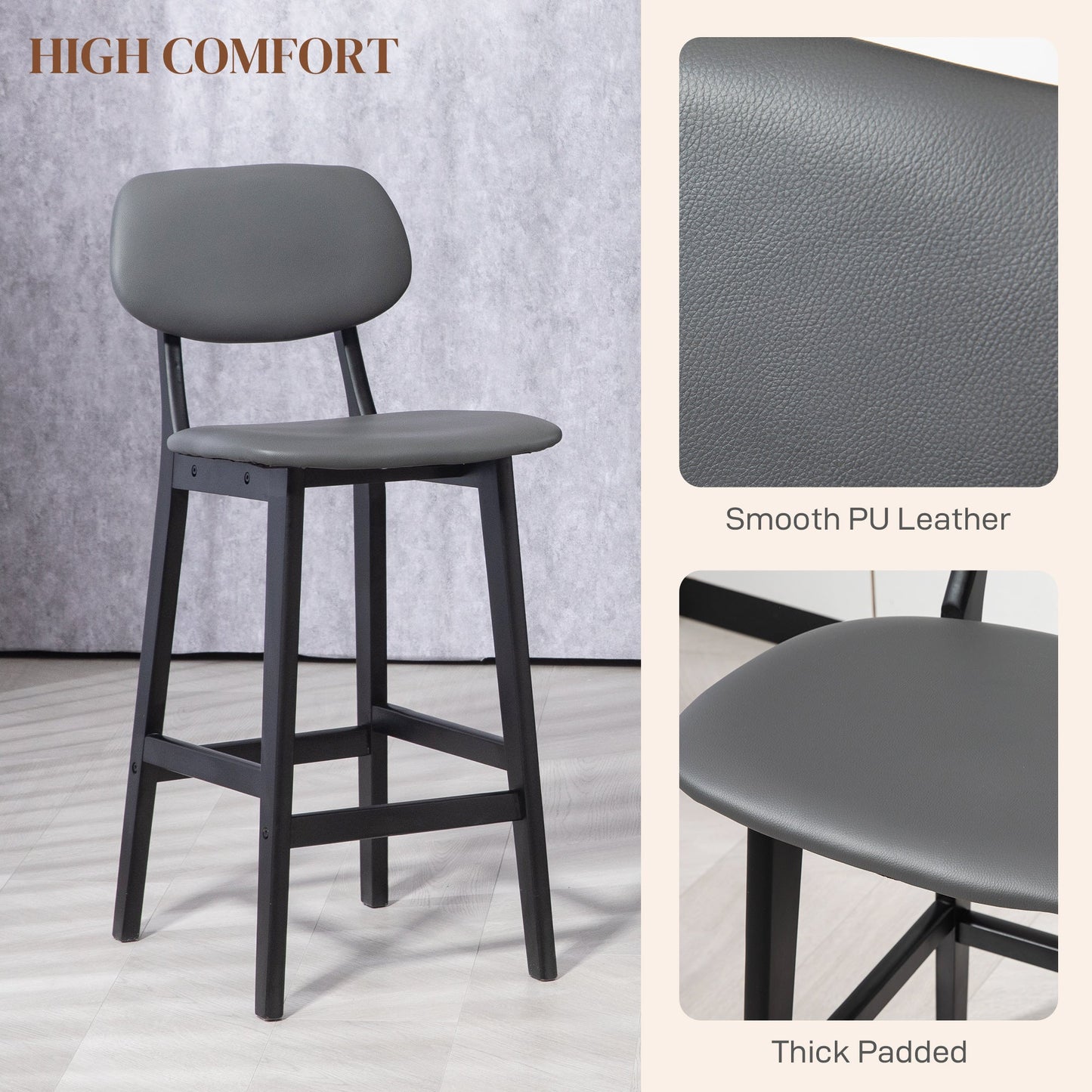HOMCOM Bar Stools Set of 2, Contemporary Breakfast Bar Chairs, Faux Leather Upholstered Kitchen Stools with Backs and Solid Wood Legs, Dark Grey