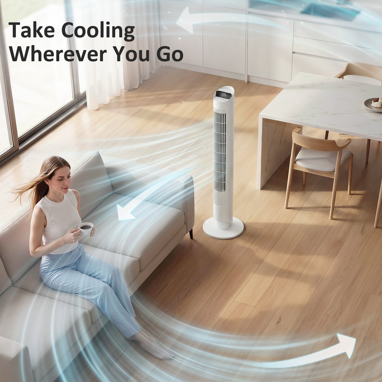 101.8 cm Tower Fan for Cooling, Standing Floor Cooling Fan with WiFi App, 6 Speeds and 4 Modes, 65° Oscillating, 12H Timer and Remote Control for Bedroom, Office, White