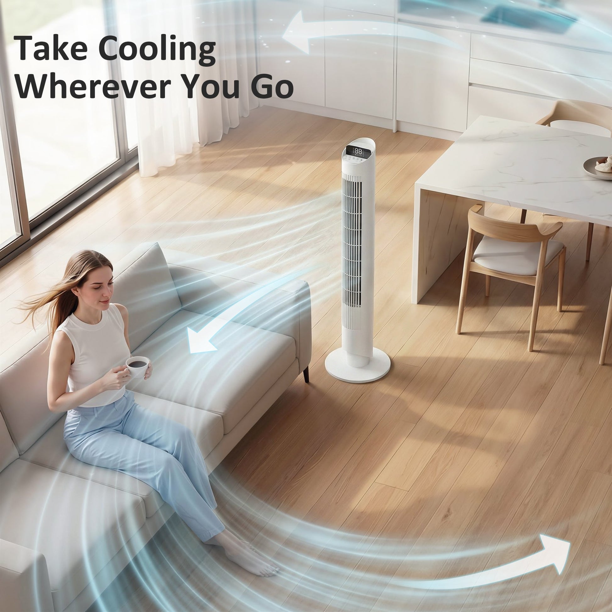 101.8 cm Tower Fan for Cooling, Standing Floor Cooling Fan with WiFi App, 6 Speeds and 4 Modes, 65° Oscillating, 12H Timer and Remote Control for Bedroom, Office, White