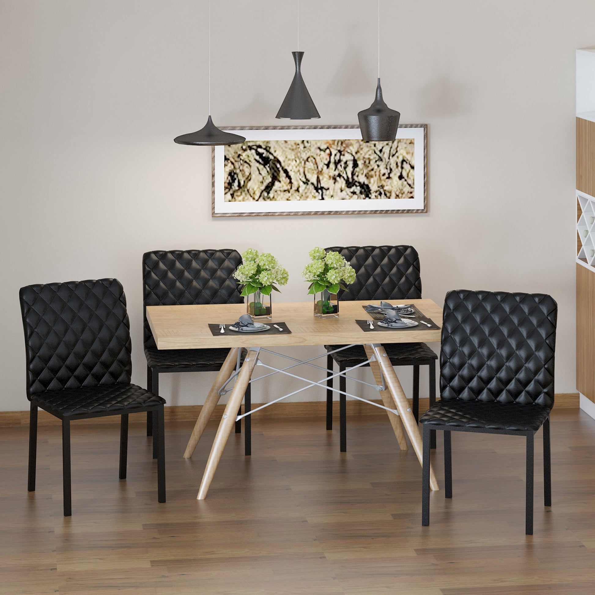 Modern Dining Chairs Upholstered Faux Leather Accent Chairs with Metal Legs for Kitchen, Set of 4, Black