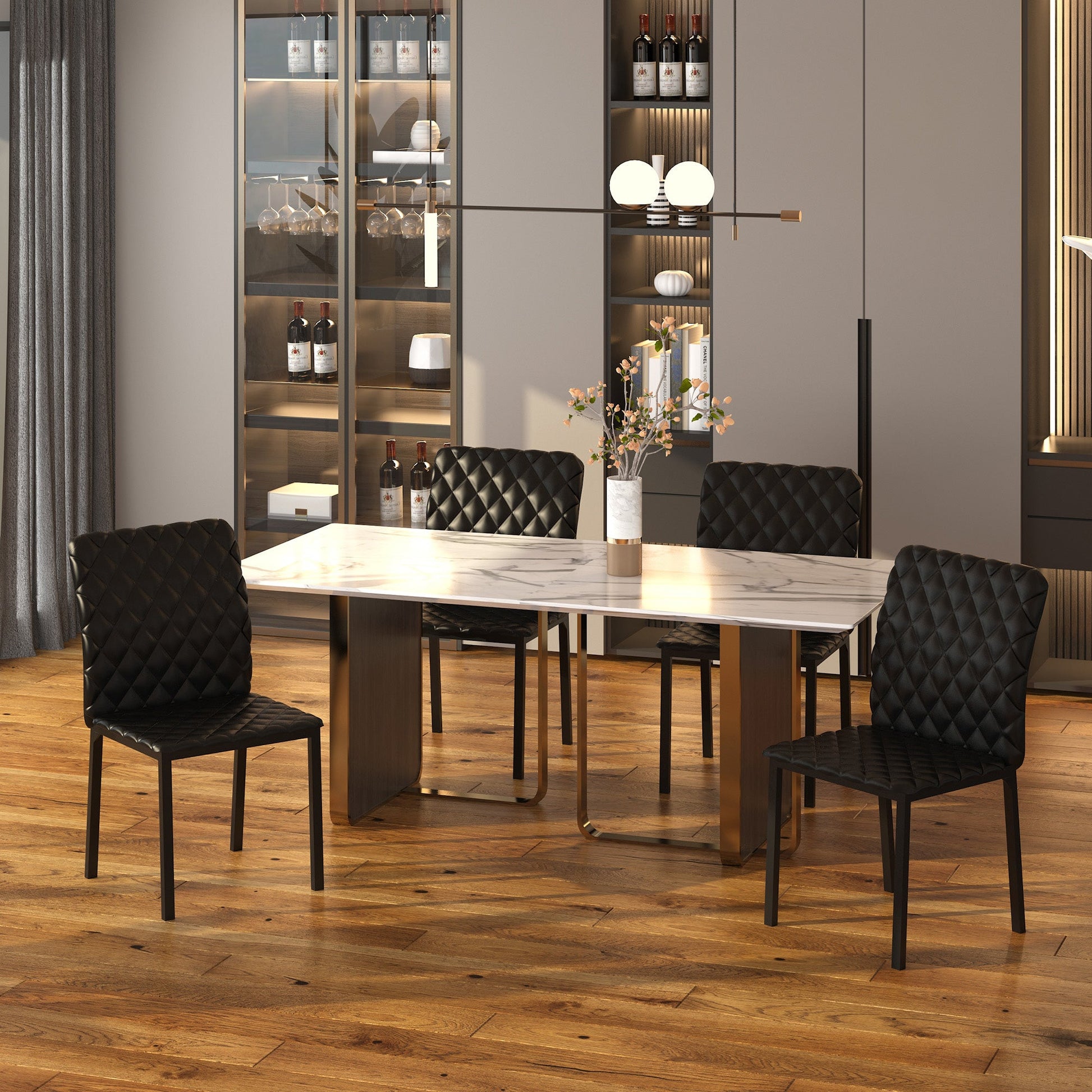 Modern Dining Chairs Upholstered Faux Leather Accent Chairs with Metal Legs for Kitchen, Set of 4, Black