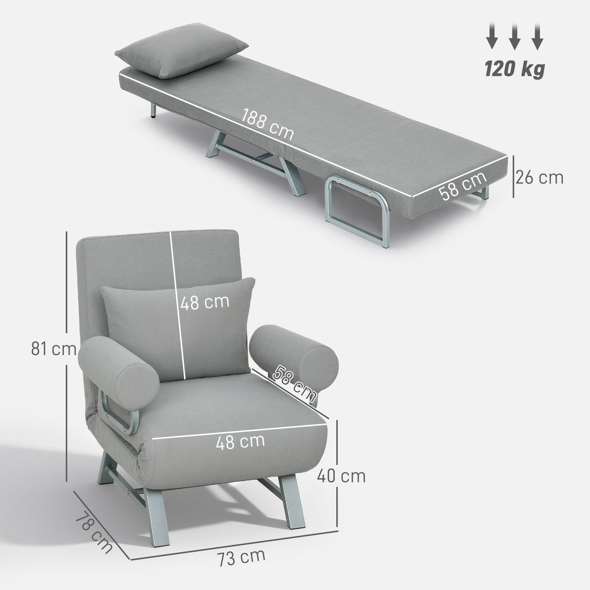 Single Sofa Bed, 3-in-1 Convertible Folding Chair Bed with Adjustable Backrest, Removable Armrests, Steel Legs, Linen Sleeper Chair for Living Room, Bedroom, Small Space, Light Grey