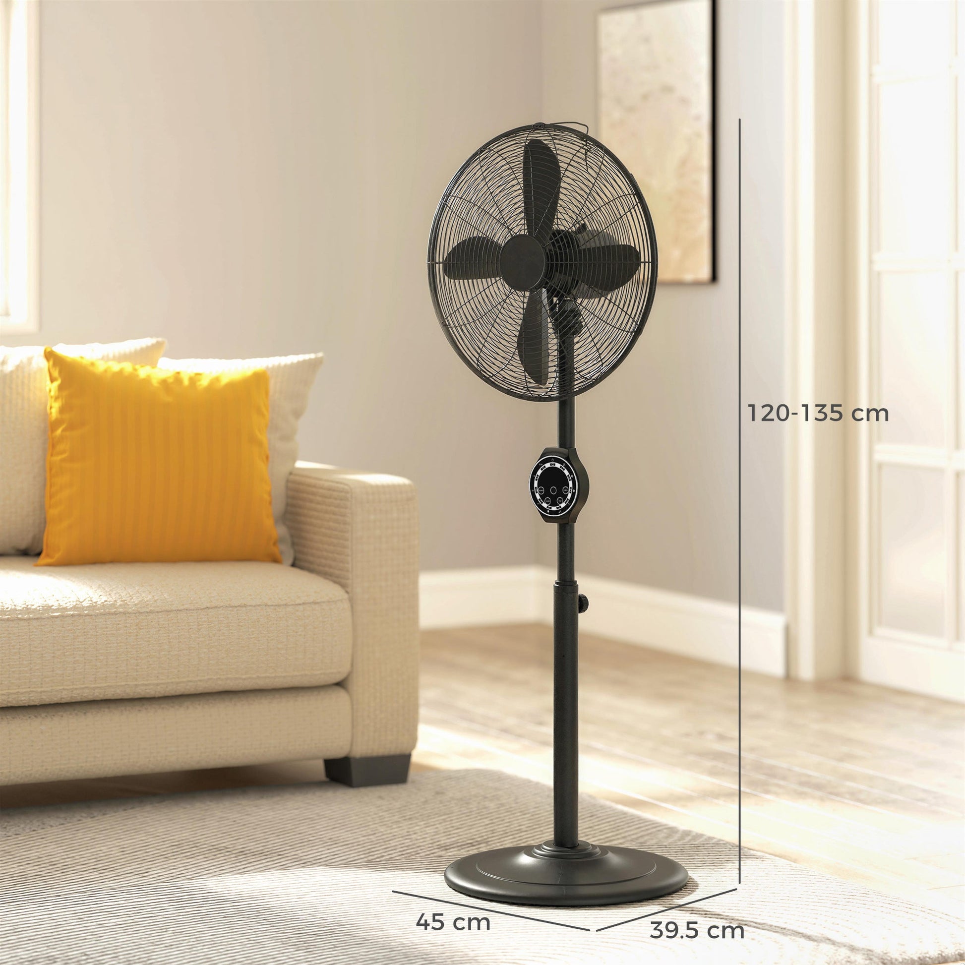 41 cm Metal Pedestal Fan, Electric Standing Floor Fan, Oscillating, Adjustable Height, 3 Speed, 7.5H Timer, Remote Control, Sleep Mode, for Home Office Bedroom, Black