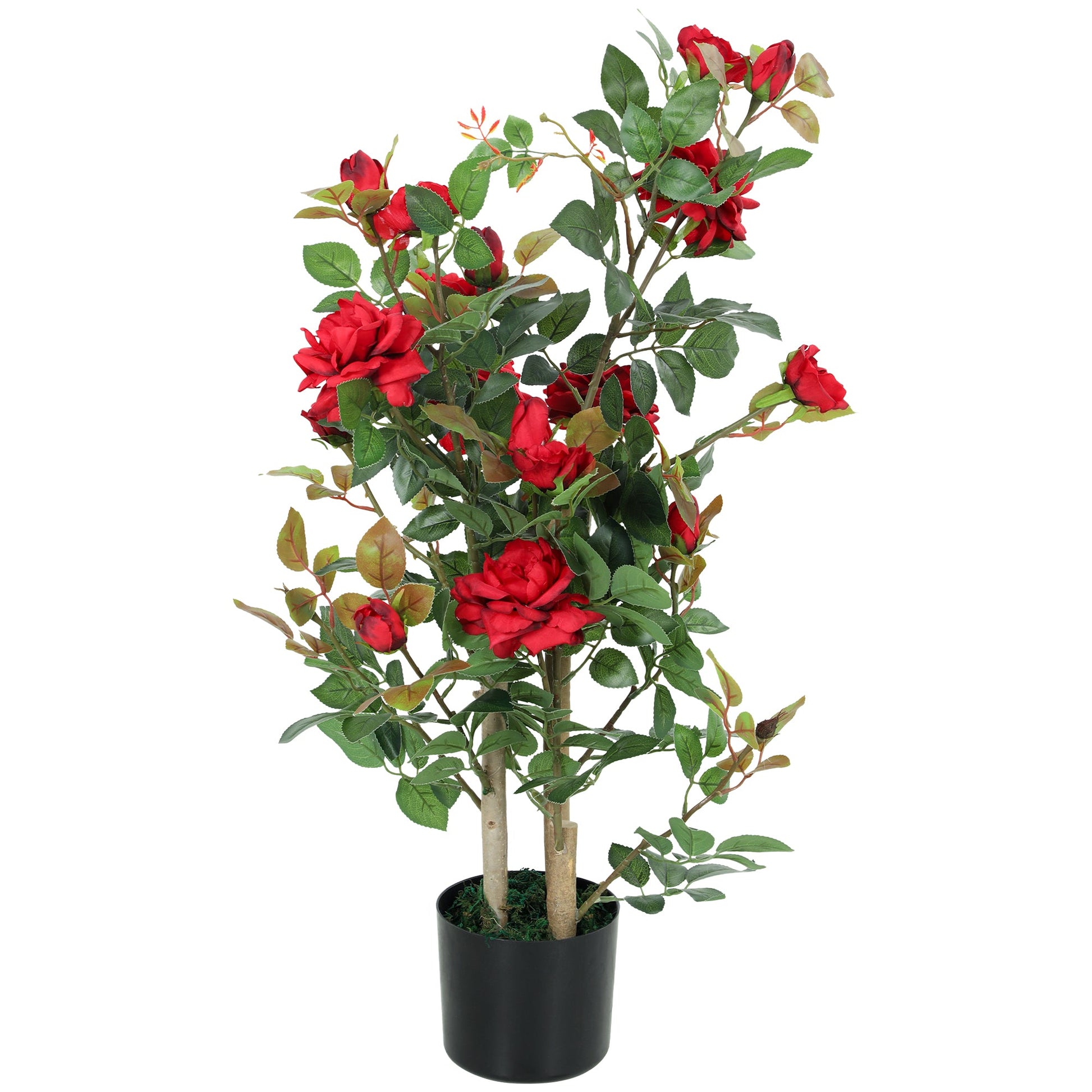 90cm Artificial Rose Tree, Decorative Fake Plant with 344 Silk Leaves and 17 Flowers, UV-Resistant Faux Tree for Outdoor Indoor Garden Porch Decor, Red