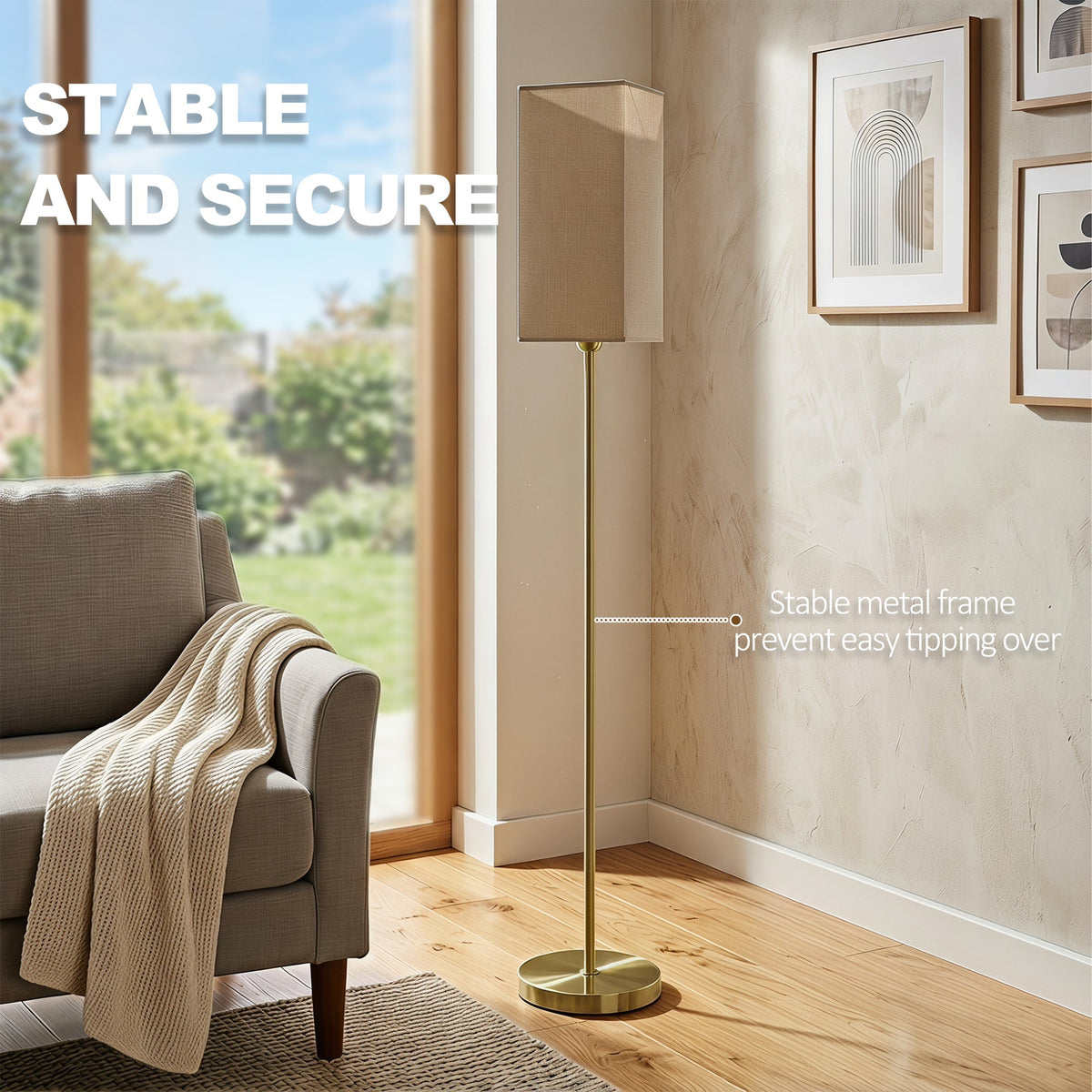 Floor Lamp, Modern Standing Lamp with Linen Shade and Foot Switch, Tall Lamps for Living Room and Bedroom, Bulb not Included, Gold Tone