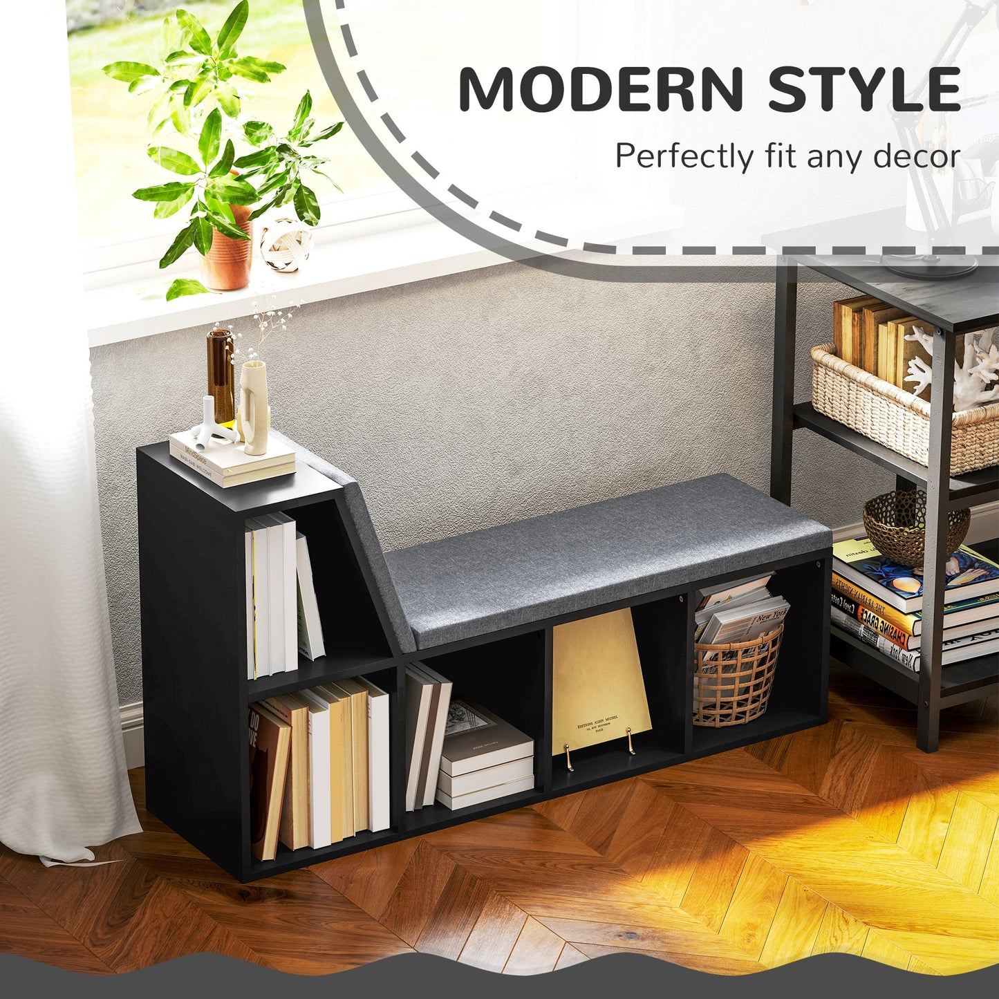 Bookcase Storage Shelf with Cushioned Reading Seat, Bookshelf Storage Cabinet for Study Living Room, Black