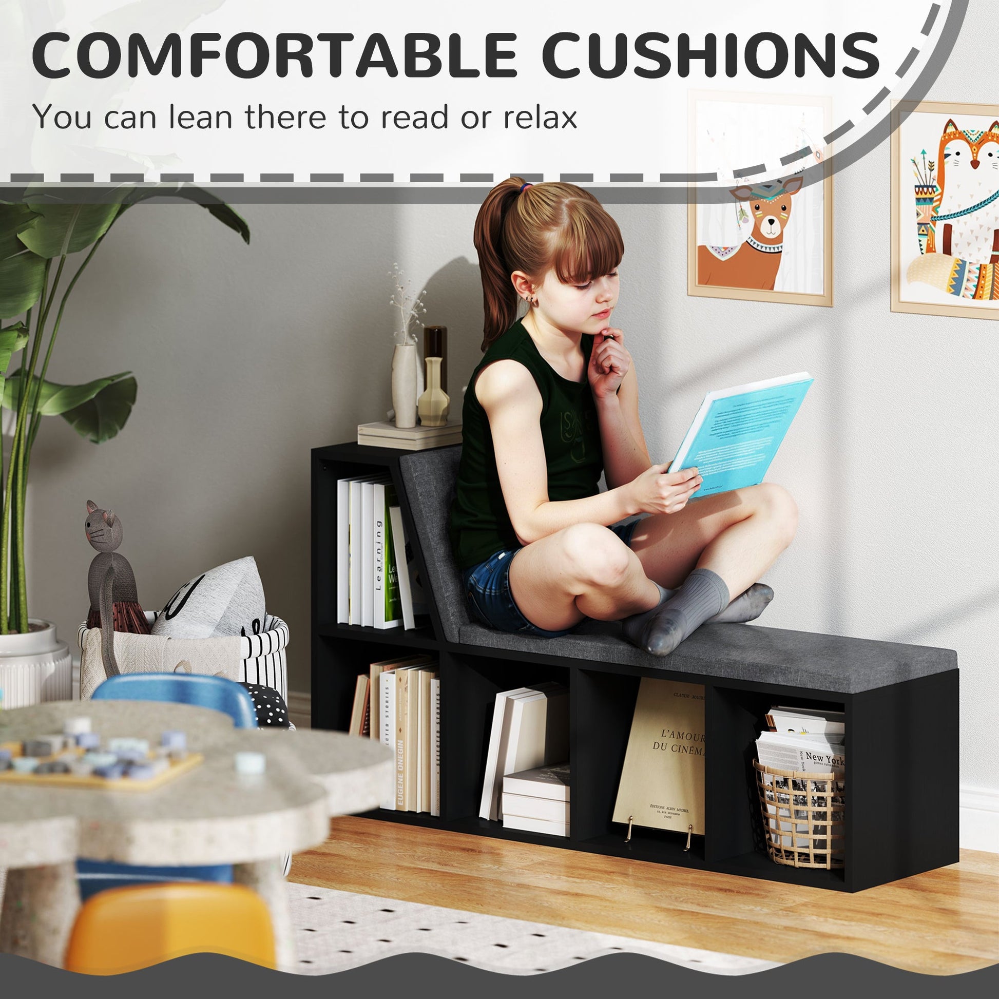 Bookcase Storage Shelf with Cushioned Reading Seat, Bookshelf Storage Cabinet for Study Living Room, Black