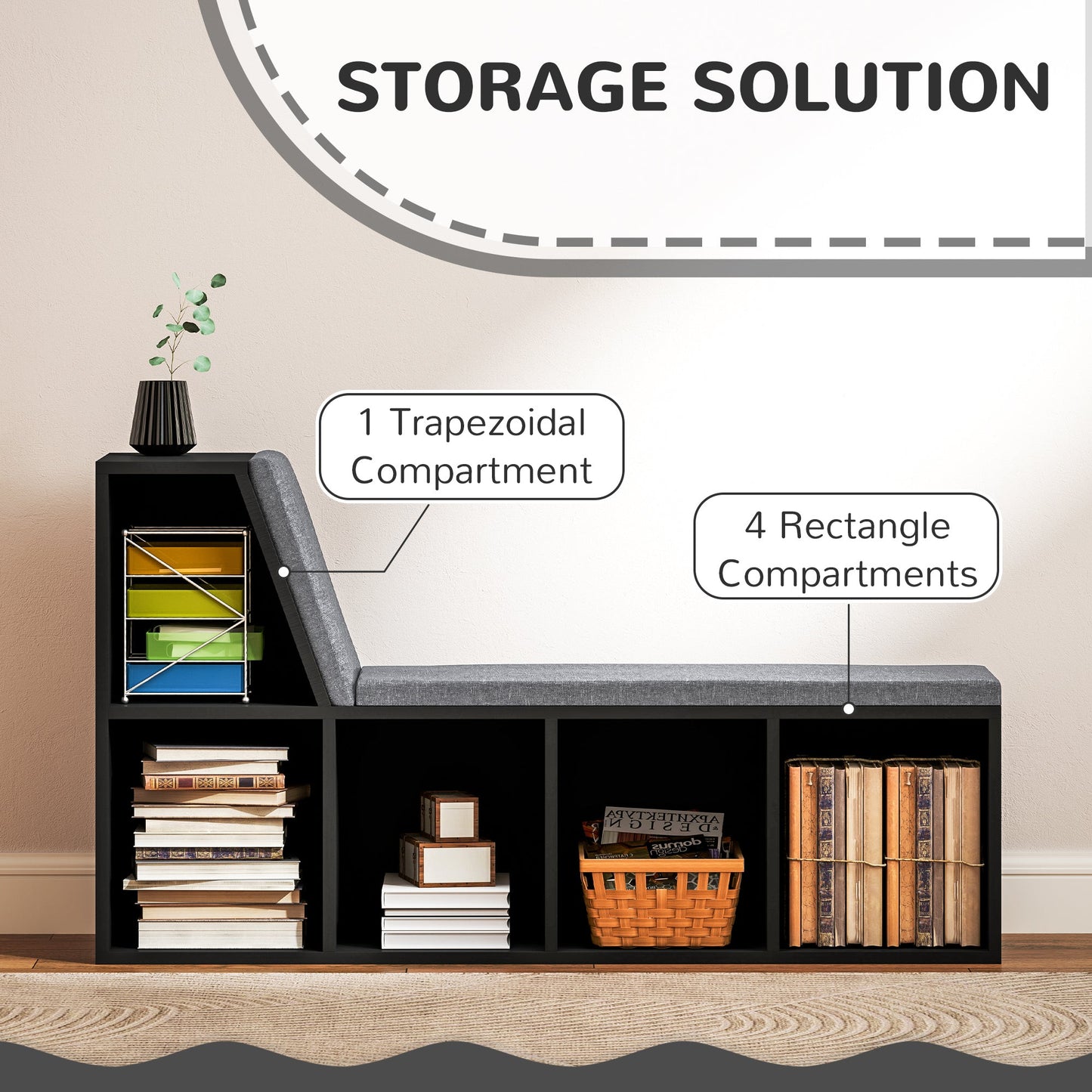 Bookcase Storage Shelf with Cushioned Reading Seat, Bookshelf Storage Cabinet for Study Living Room, Black