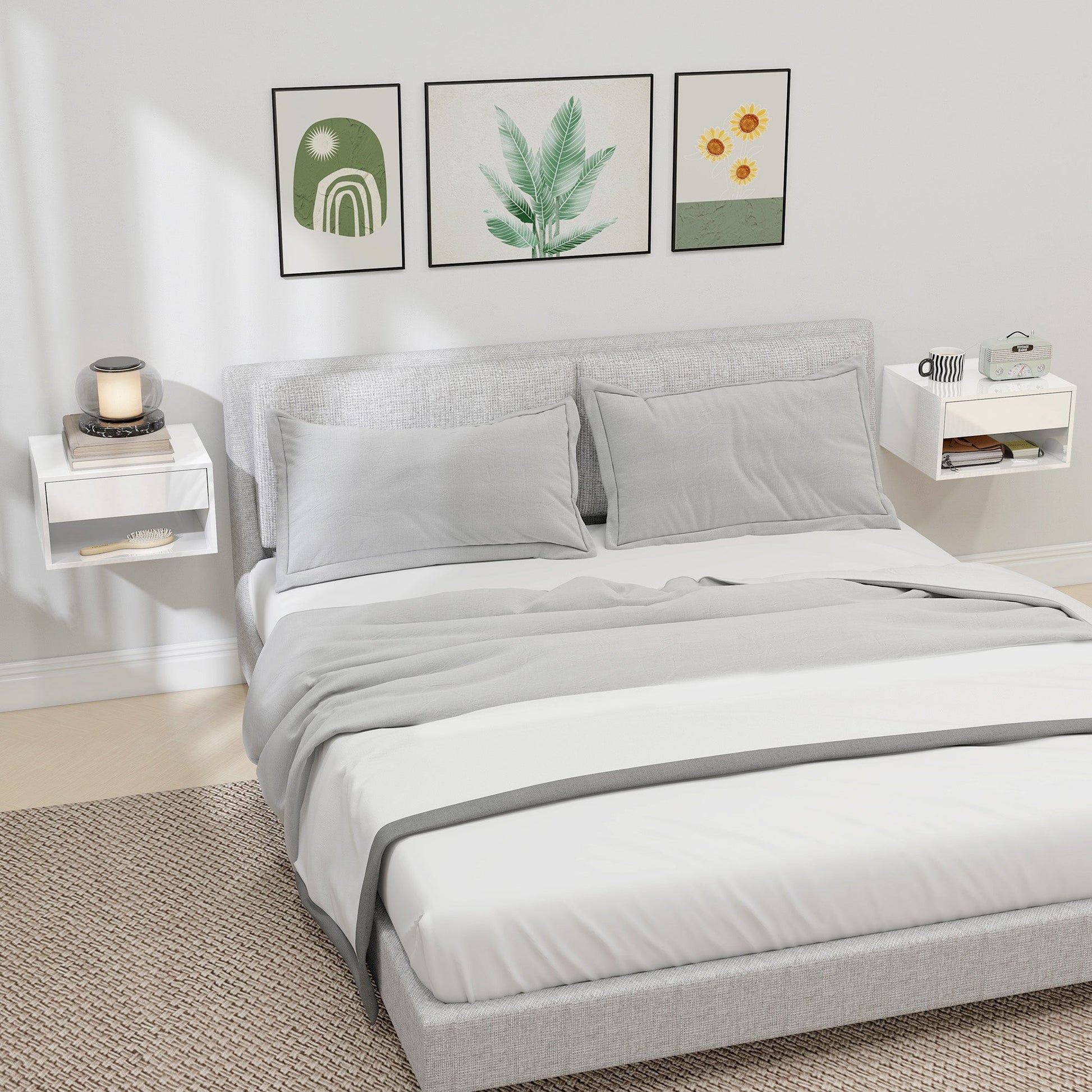 Floating Bedside Tables Set of 2, Wall Mounted Nightstand with Drawer and Open Shelf for Bedroom, High Gloss White