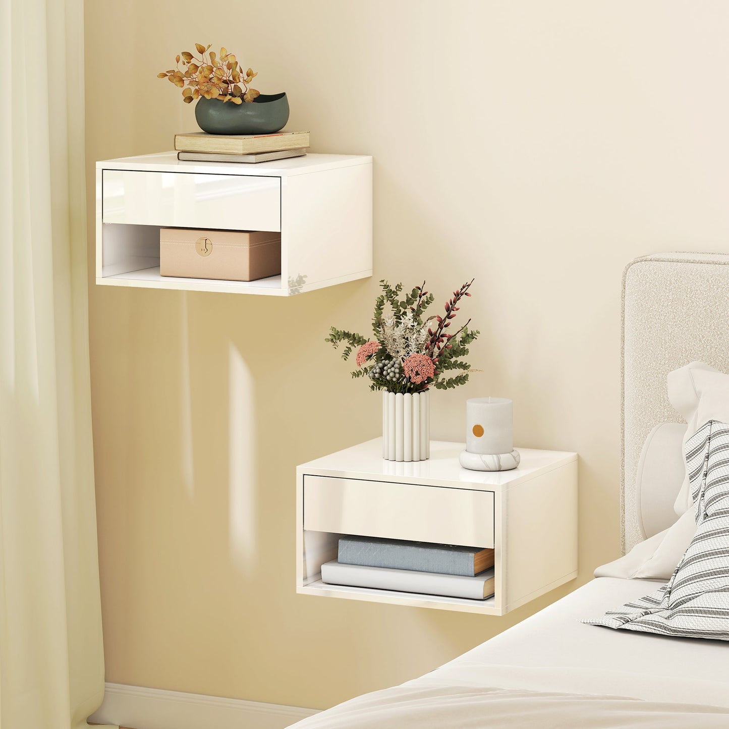 Floating Bedside Tables Set of 2, Wall Mounted Nightstand with Drawer and Open Shelf for Bedroom, High Gloss White