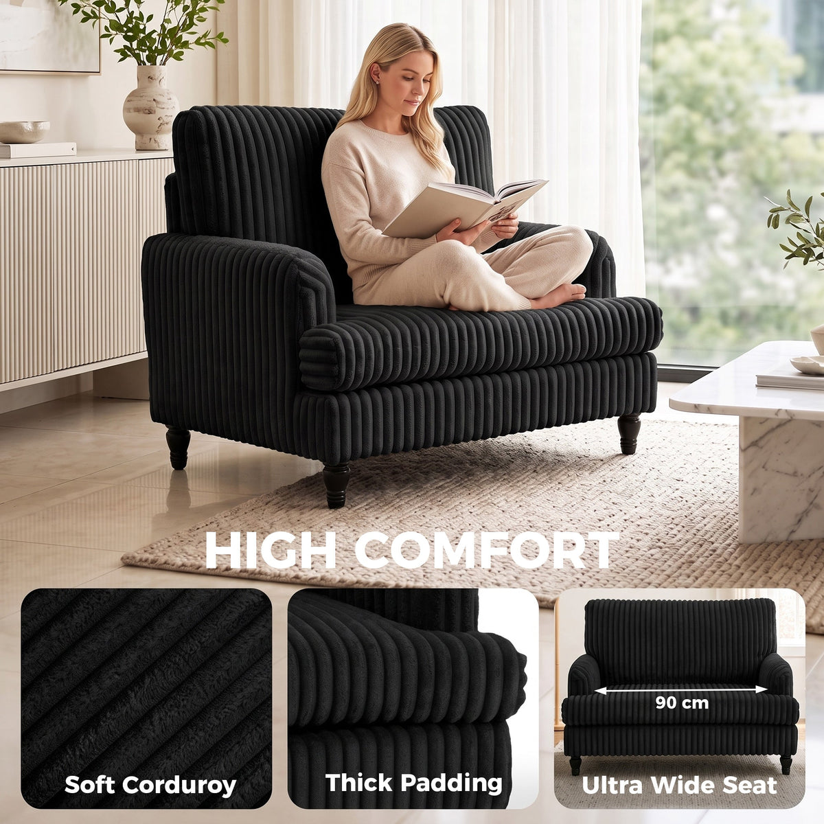 Modern Accent Chair, Corduroy Single Sofa Armchair with Stripes, Turned Legs and Wide Seat, Upholstered Snuggle Chair for Living Room, Bedroom, Black