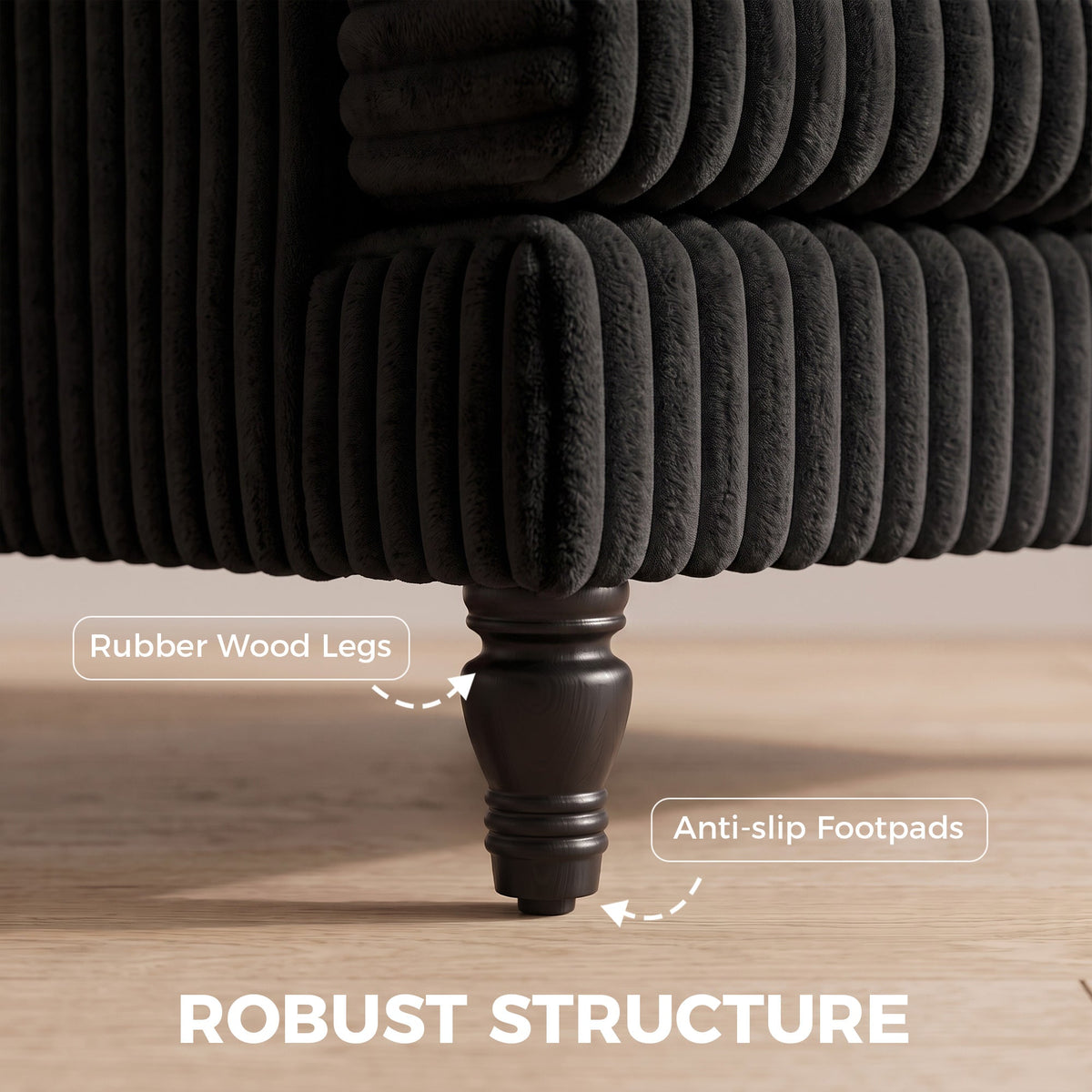 Modern Accent Chair, Corduroy Single Sofa Armchair with Stripes, Turned Legs and Wide Seat, Upholstered Snuggle Chair for Living Room, Bedroom, Black