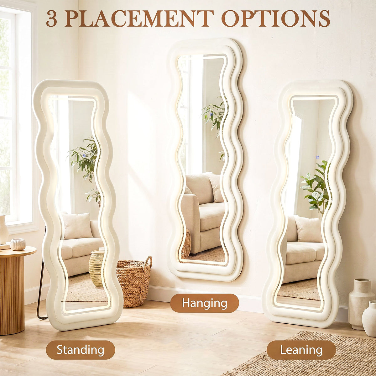 Full Length Mirror, 160 x 60 cm Arched Large Full Body Standing Mirror with Velvet Frame, HD Tempered Glass, Floor Standing, Wall Hanging or Leaning for Bedroom,  Living Room, Cream White