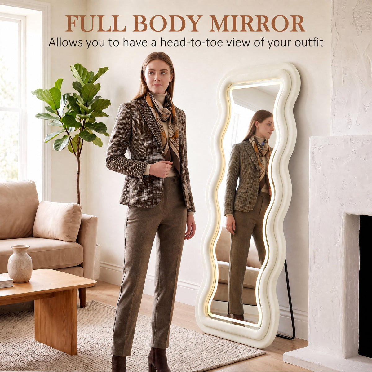 Full Length Mirror, 160 x 60 cm Arched Large Full Body Standing Mirror with Velvet Frame, HD Tempered Glass, Floor Standing, Wall Hanging or Leaning for Bedroom,  Living Room, Cream White