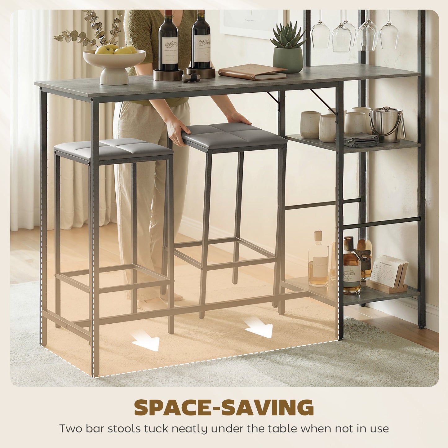 3 Piece Breakfast Bar Table and Stools Set, Dining Table with 4-tier shelving and Glasses Holders, 2 PU Leather Bar Stools with Footrest for Kitchen, Dining Room, Pub, Washed Grey