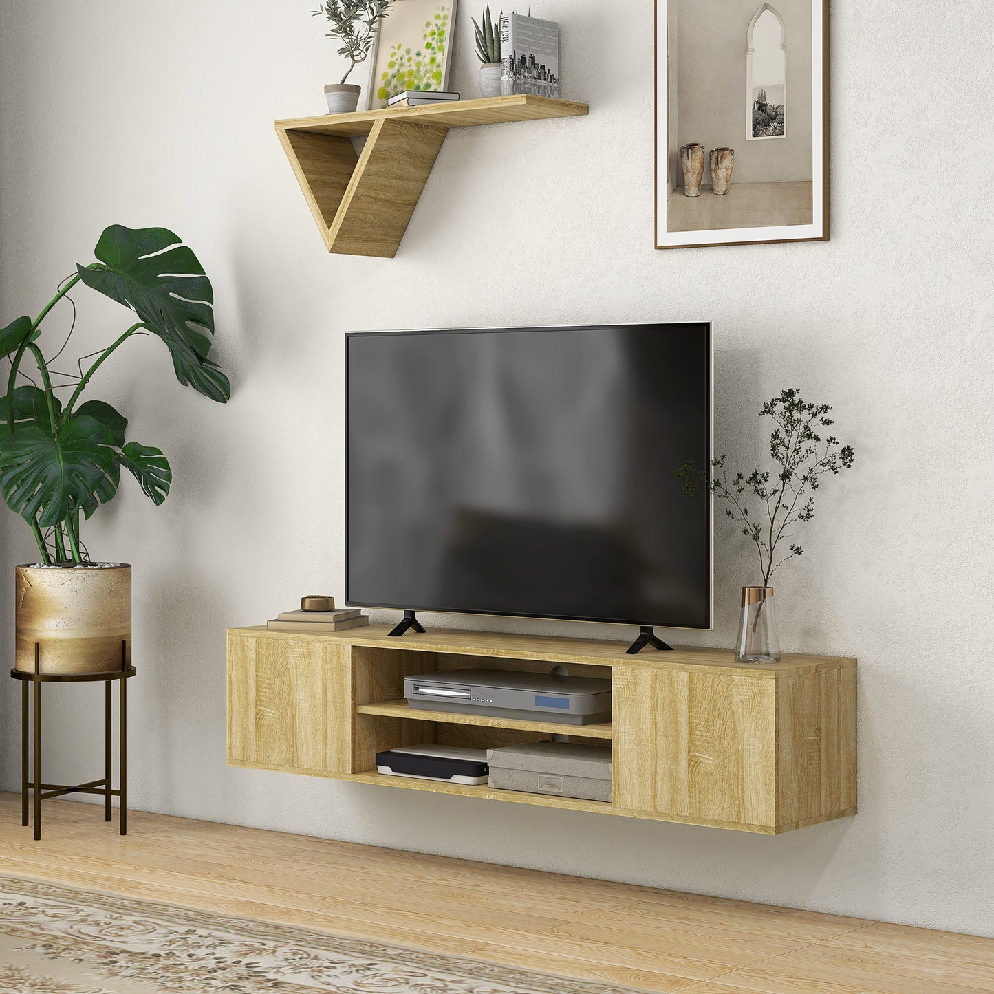 HOMCOM Floating TV Stand Cabinet for TVs up to 60", Wall Mounted TV Unit with Open Shelf, Storage Cupboards and Cable Management for Living Room, Natural Wood Effect