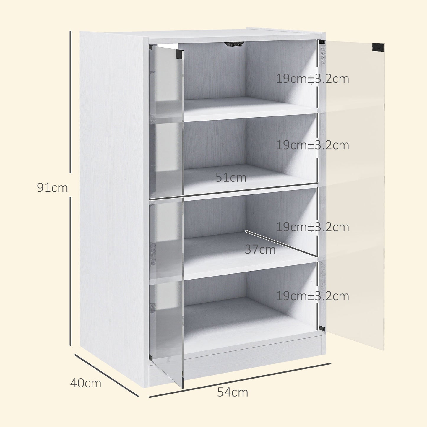 Record Player Stand with Storage, 4-Tier Hi-Fi Stand, Media Cabinet with Adjustable Shelves, Push-to-Open Glass Doors and Cable Management for Music Room and Living Room, White Wood-Effect