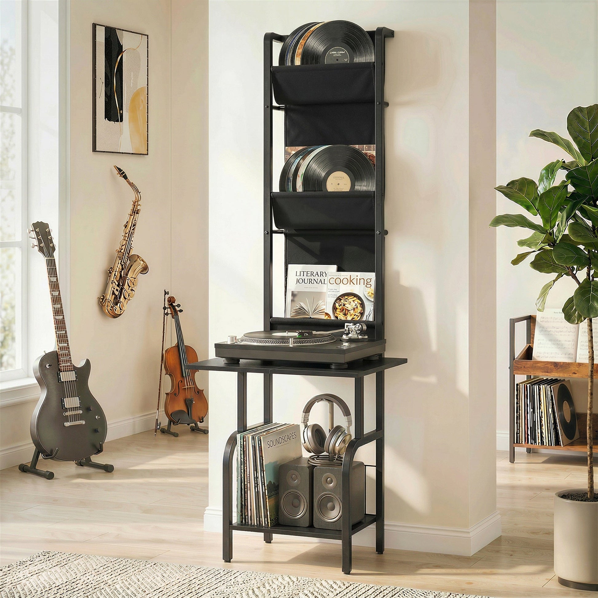 Vinyl Record Storage with Player Stand, Turntable Stand and Display Shelf, CD Storage Unit for Up to 40 CDs, Record Player Table for Living Room or Bedroom, Black
