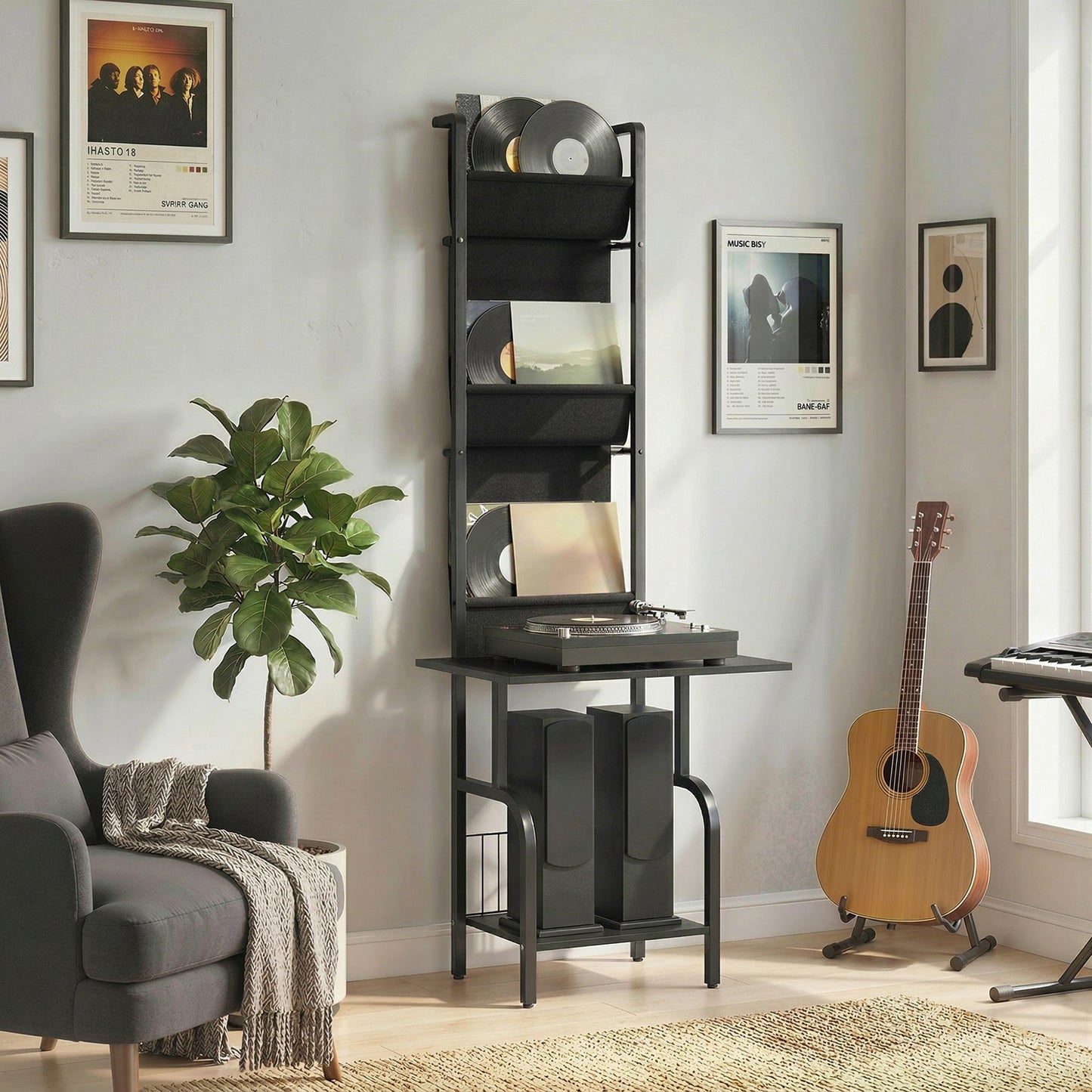 Vinyl Record Storage with Player Stand, Turntable Stand and Display Shelf, CD Storage Unit for Up to 40 CDs, Record Player Table for Living Room or Bedroom, Black