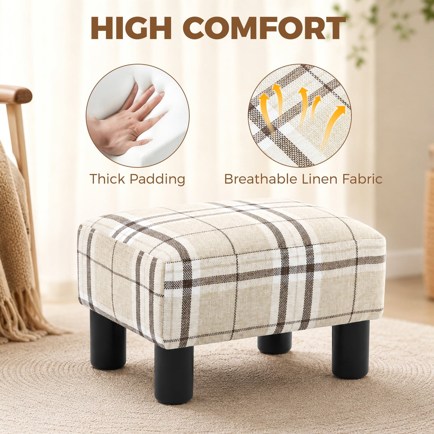 Linen-Look Fabric Foot Stool Footrest Small Seat Footrest Chair Ottoman Home Office with Legs 40 x 30 x 24cm, Multi-colored