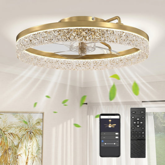 Ceiling Fans with Lights and Remote & App Control, 50 cm Modern LED Ceiling Fan Light with 3 Colour Temperatures, 6 Speed, Timer, Dimmable, Quiet Reversible DC Motor, for Bedroom, Study, Gold