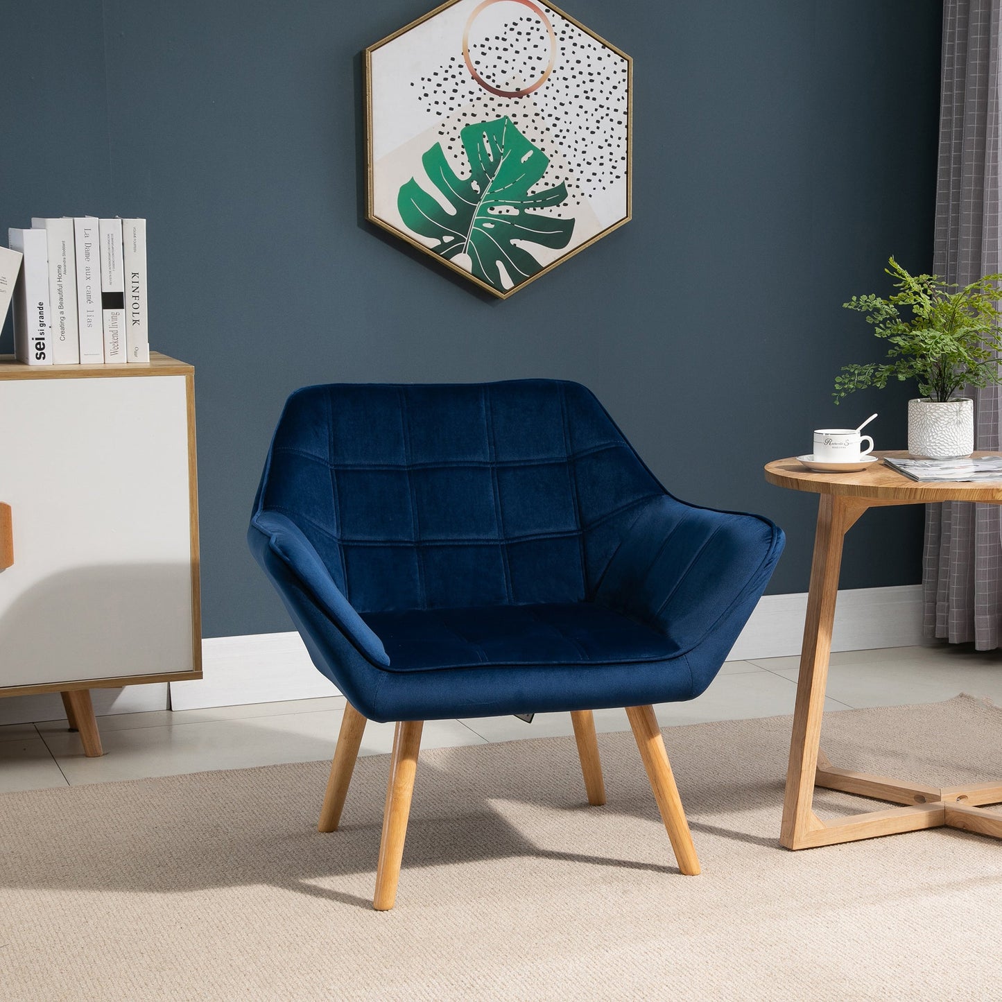 HOMCOM Modern Armchair, Accent Chair with Wide Arms, Slanted Back and Rubber Wood Legs for Living Room, Bedroom, Home Office, Blue