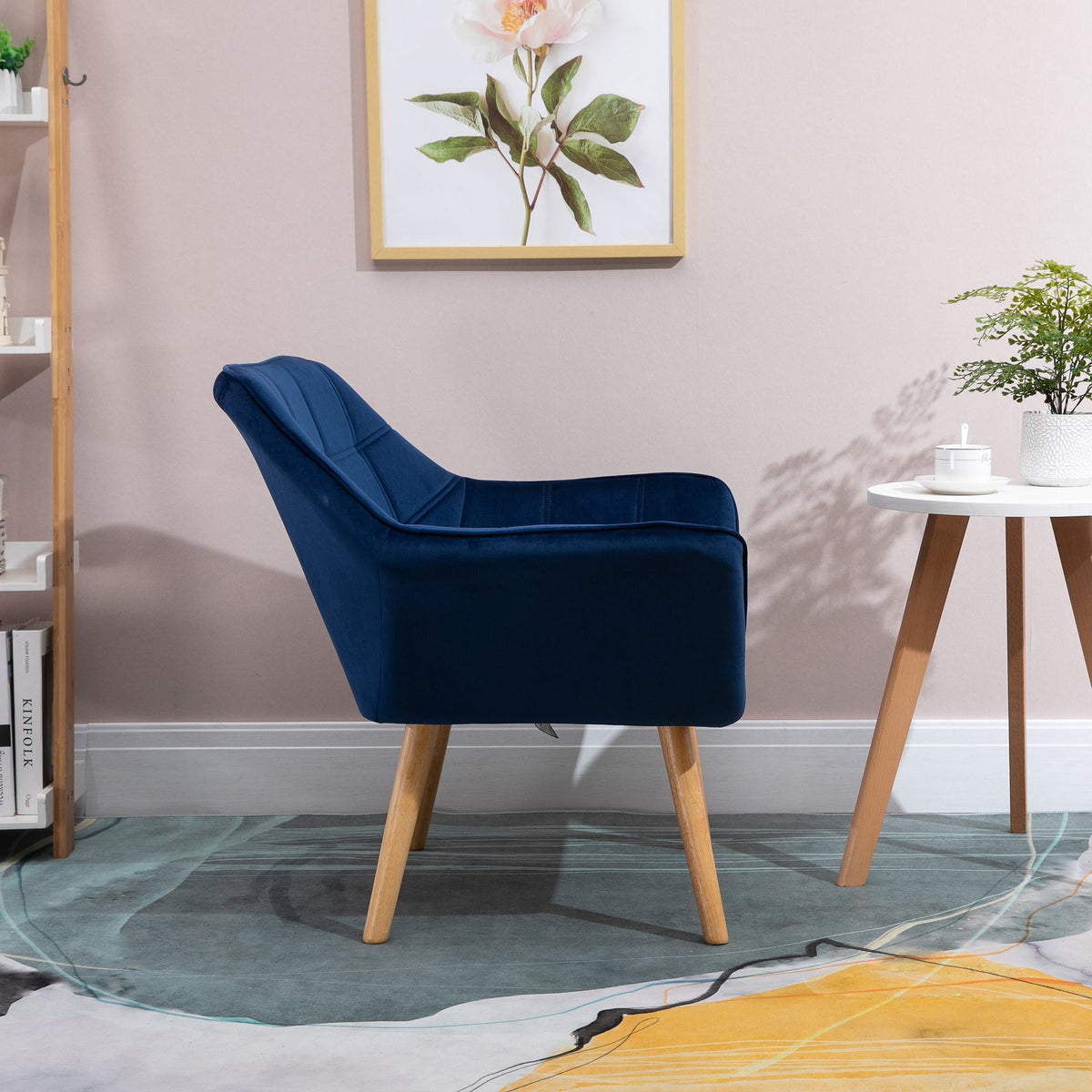 HOMCOM Modern Armchair, Accent Chair with Wide Arms, Slanted Back and Rubber Wood Legs for Living Room, Bedroom, Home Office, Blue
