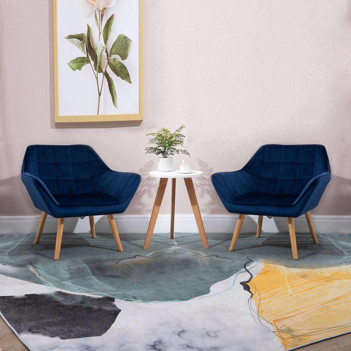 HOMCOM Modern Armchair, Accent Chair with Wide Arms, Slanted Back and Rubber Wood Legs for Living Room, Bedroom, Home Office, Blue
