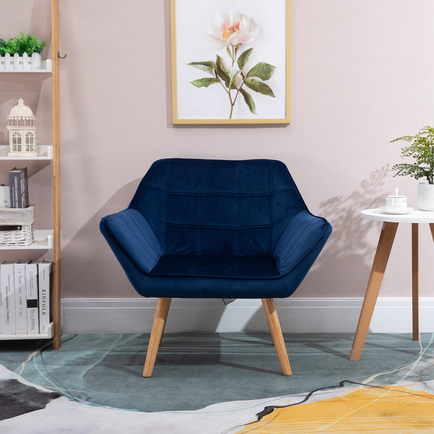 HOMCOM Modern Armchair, Accent Chair with Wide Arms, Slanted Back and Rubber Wood Legs for Living Room, Bedroom, Home Office, Blue