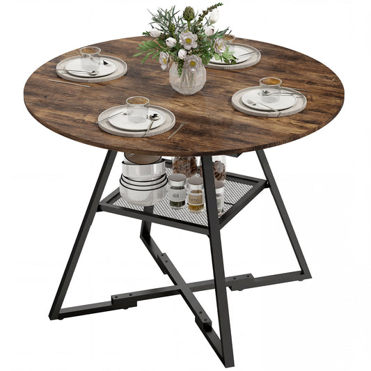 Dining Table for 4 People, 100 cm Round Industrial Kitchen Table with Storage Shelf, Wood Effect Tabletop, Metal Base for Kitchen, Dining Room, Living Room, Rustic Brown