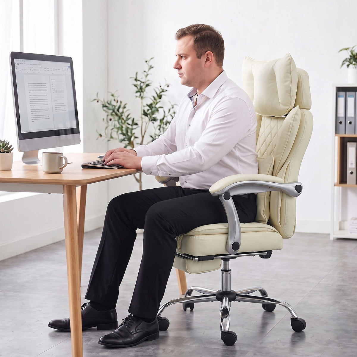 Executive Office Chair, 180kg Big and Tall PU Leather Desk Chair with Adjustable Headrest, Lumbar Support, Wide Seat, Reclining Back, Footrest, Swivel Wheels, Beige