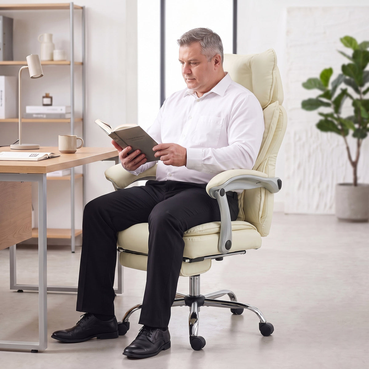 Executive Office Chair, 180kg Big and Tall PU Leather Desk Chair with Adjustable Headrest, Lumbar Support, Wide Seat, Reclining Back, Footrest, Swivel Wheels, Beige